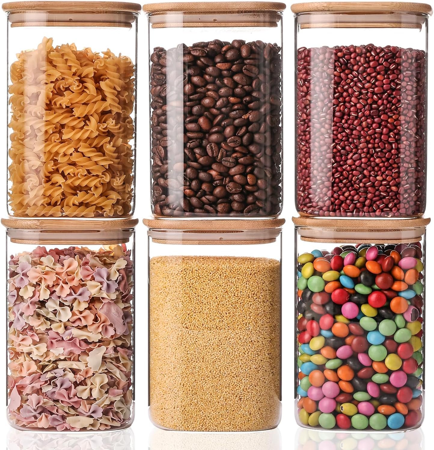 YUNCANG Glass Storage Jars 6 Pack 37oz Clear Glass Food Storage Containers with Airtight Bamboo Lid Stackable Kitchen Canisters for Candy,Cookie,Rice,Sugar,Flour,Pasta,Nuts and Spice Jars(Square)