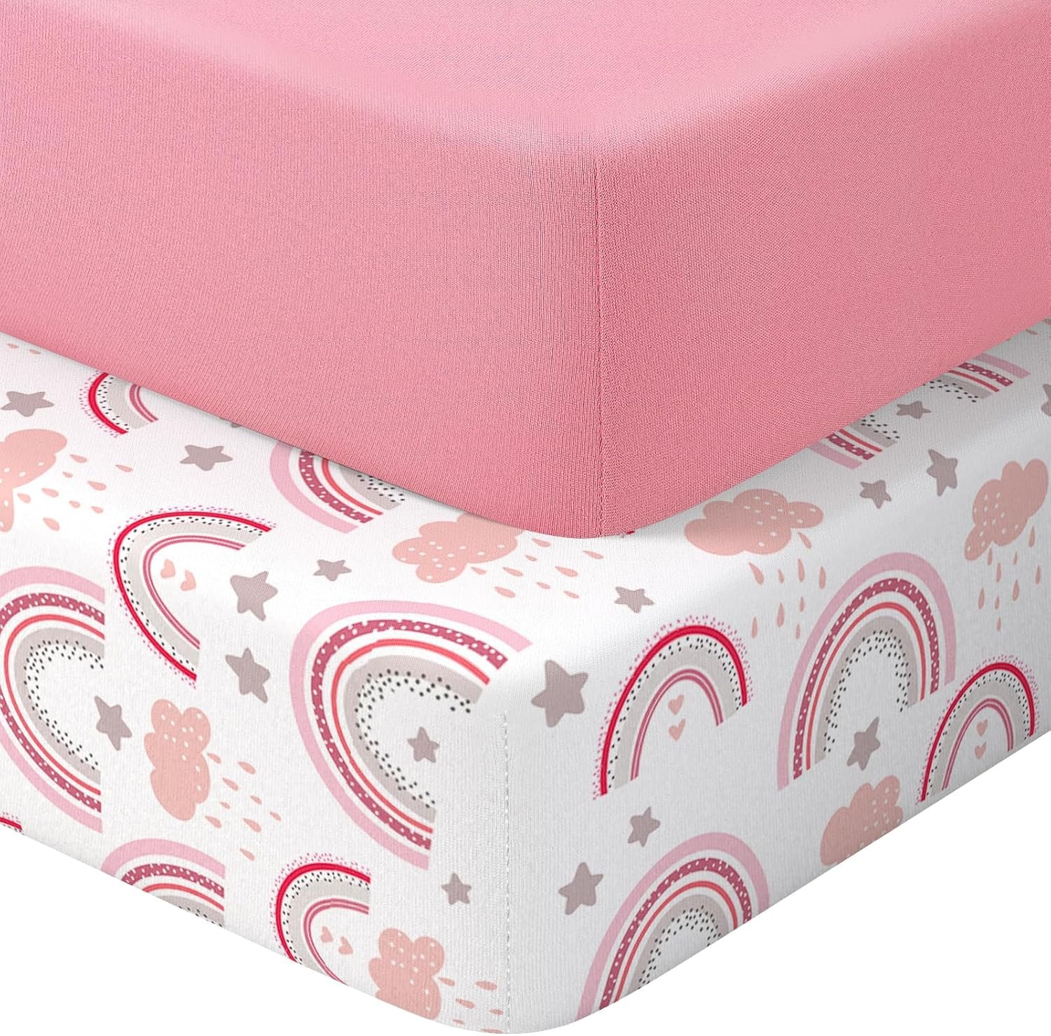 Baby Crib Sheets 2 Pack for Boys and Girls Fit for Standard Crib Toddler Mattress Breathable Soft Microfiber Baby Sheet 28x52x8in (Pink Rainbow & Pink)