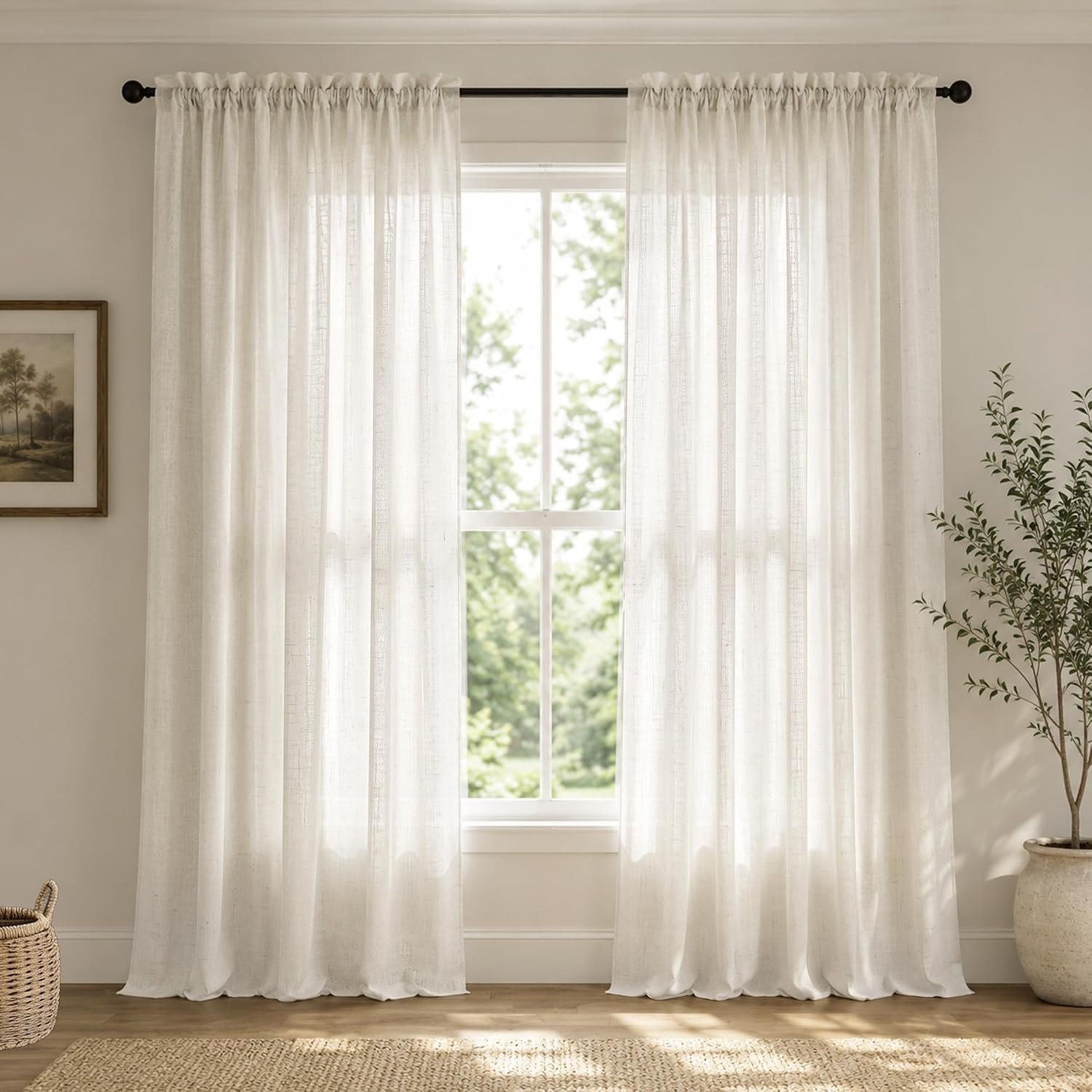 Linen Curtains for Living Room, Cream Light Filtering Cottage Core Country Farmhouse Curtains, Light Weight Natural Fabric Rod Pocket Neutral Cotton Semi Sheer Privacy Curtain for Bedroom 84 Inch Long