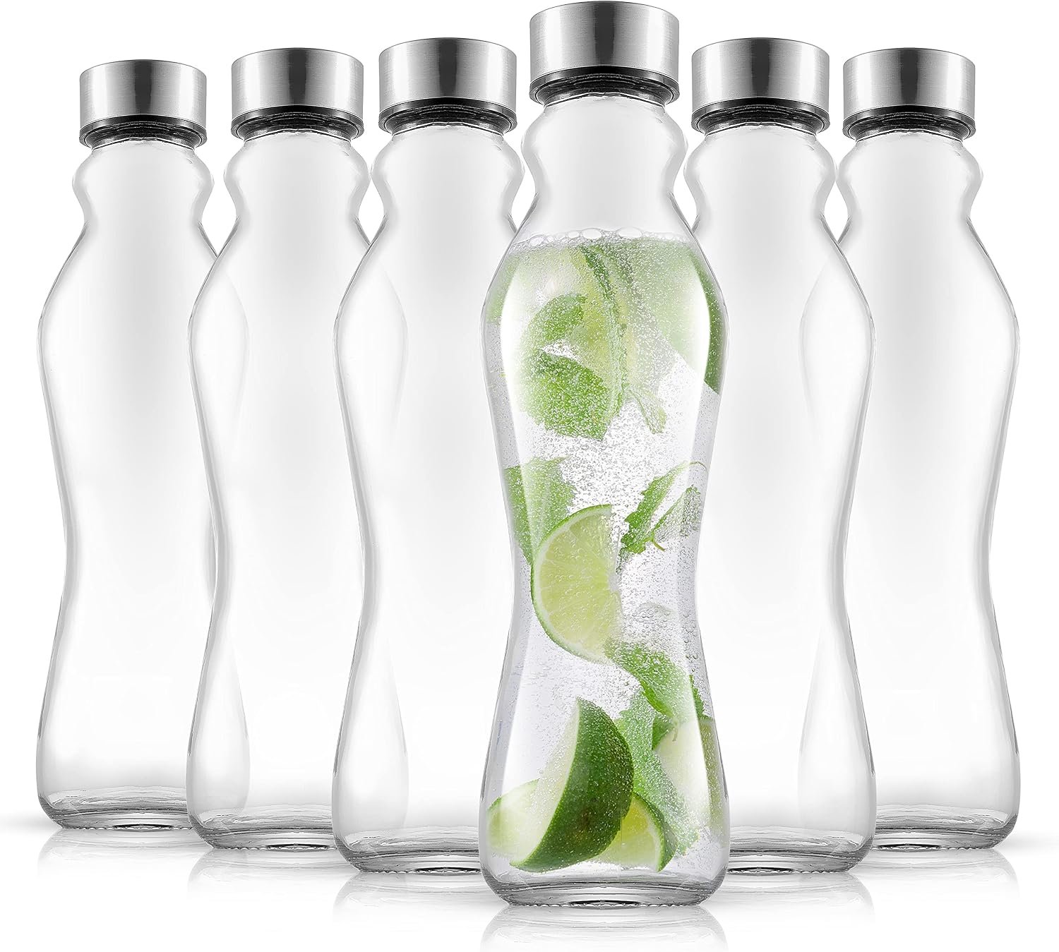 JoyJolt Spring Glass Water Bottles Set of 6-18 oz Glass Bottles with Stainless Steel Caps – Glass Drinking Bottles with Leakproof Lids – Reusable Glass Juice Bottle – Container Bottle Set