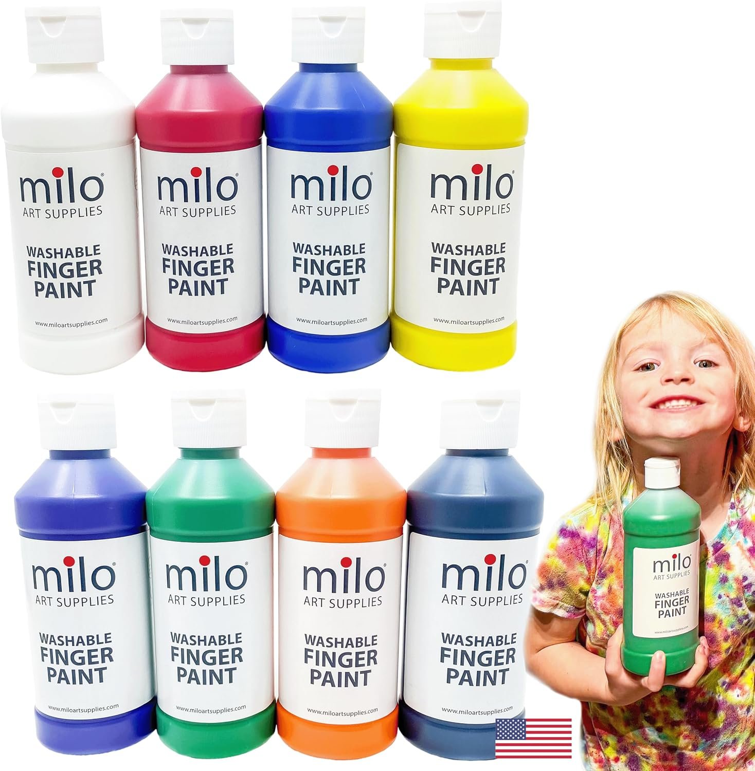 milo Kid’s Washable Finger Paint Set, 8 Primary Colors, 8 oz Bottles
