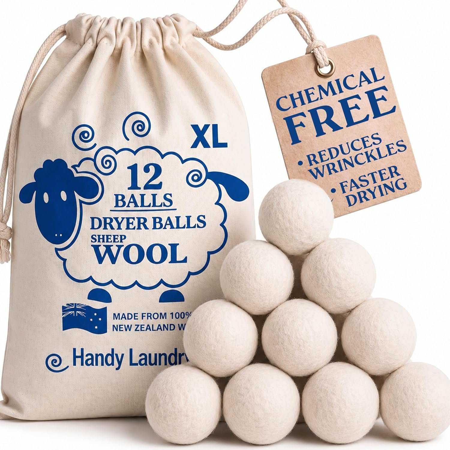 Handy Laundry Wool Dryer Balls 12-Pack, Reusable Natural Fabric Softener