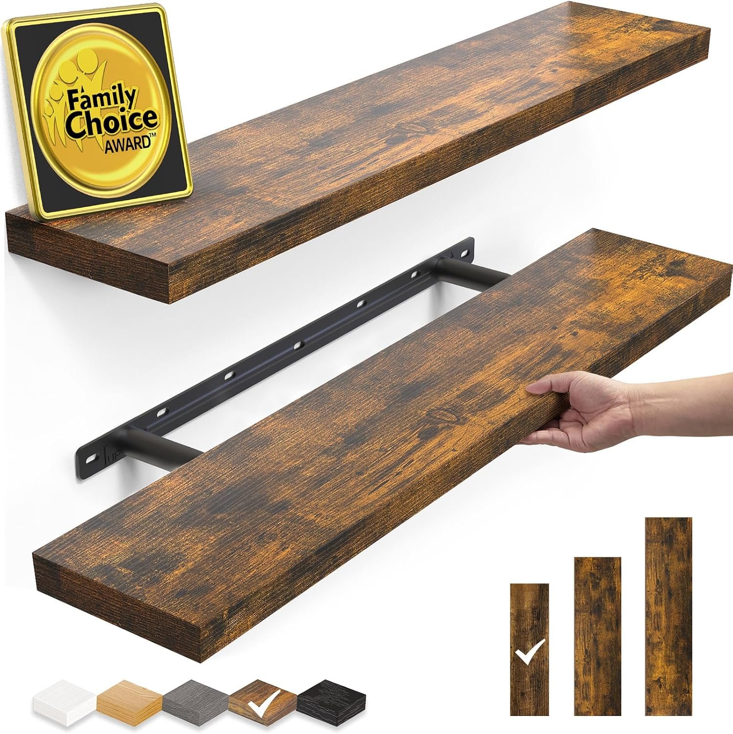 BAYKA Rustic Brown Floating Shelves 22.5in, Set of 2, Wall Mount Wood Shelf