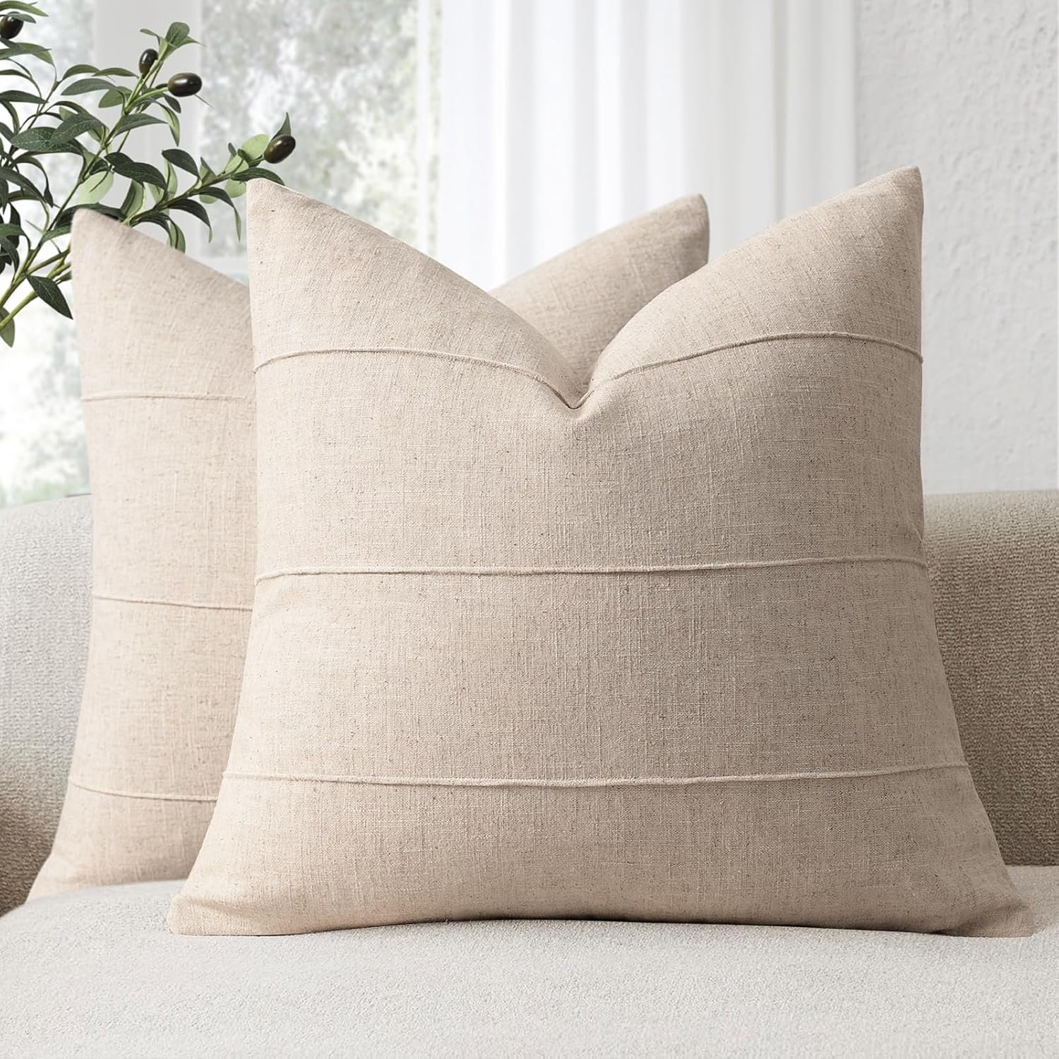 Decorative Linen Throw Pillow Covers 18×18 Set of 2 Solid handcrafted Striped Cushion Covers for Bed Soft Modern Farmhouse Neutral Pillowcase for Couch Bedroom Living Room Home Decor(Natural Beige)