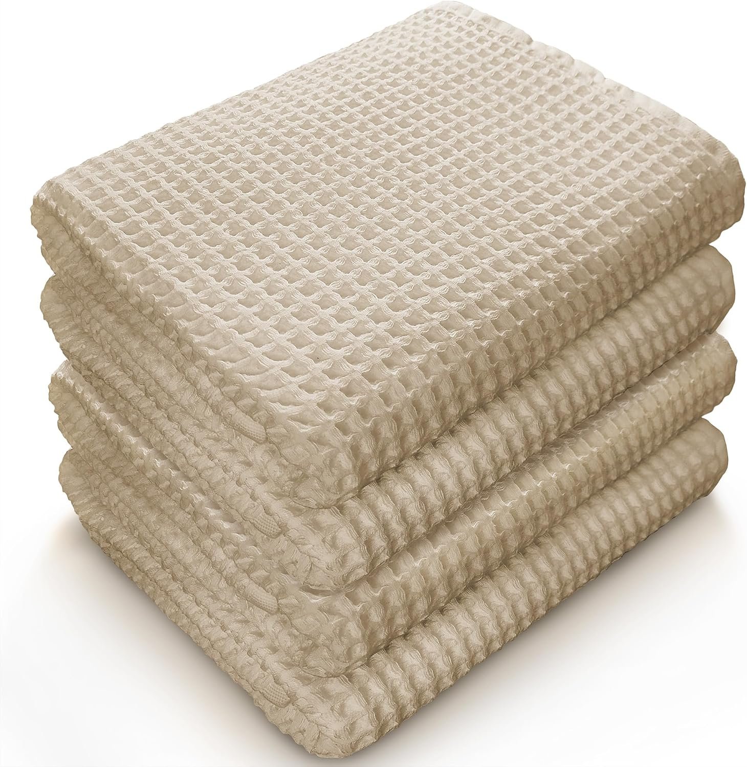 Softerry European Waffle Weave Bath Towel Set – 100% Organic Cotton – Quick Dry Lint Free Thin and Absorbent – Fade Resistant – Eco-Friendly (Set of 4 Bath, Natural)