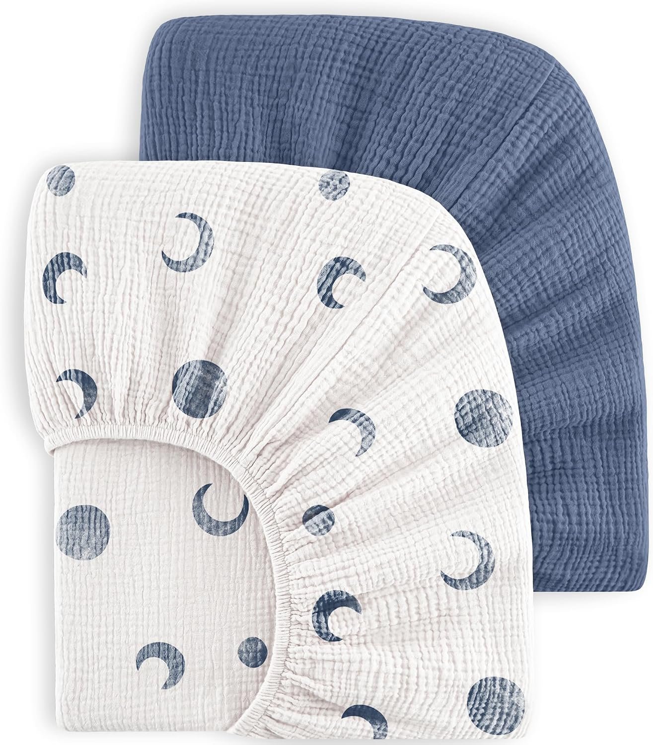 Bearmoss Muslin Crib Sheets 100% Cotton Baby Crib Sheets Soft&Breathable Nursery Sheet 52″x28″ for Standard Crib Mattress&Toddler Bed Mattress – 2 Pack (Blue Crescent)