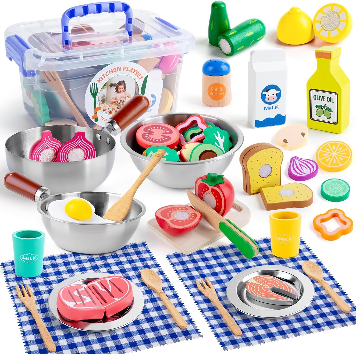 Juboury Wooden Play Food Sets for Kid Kitchen with Stainless Steel Cookware