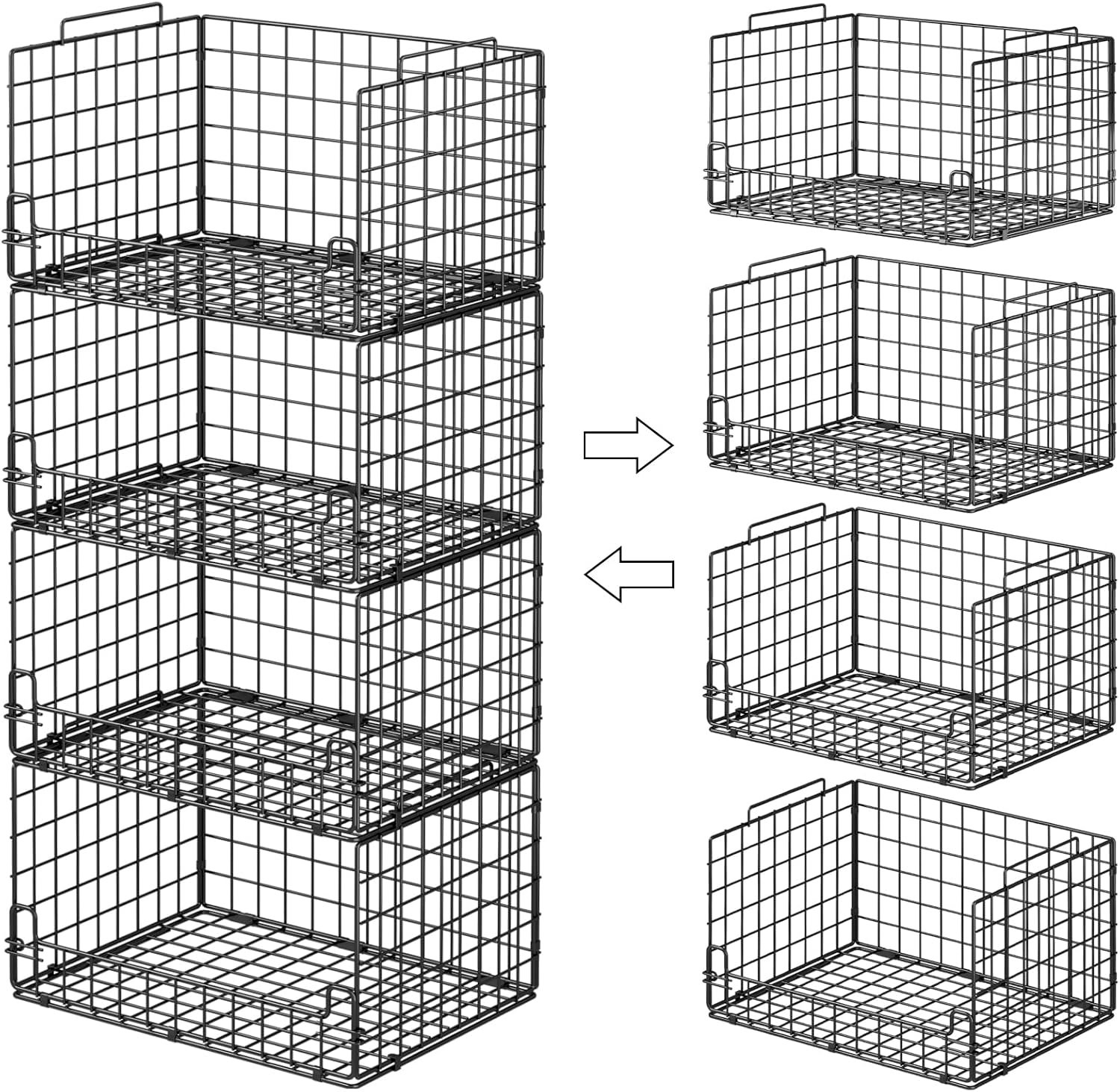 4-Tier Stackable Closet Organizers and Storage Basket – Foldable Closet Shelf Organizer System, Sturdy Metal Space-Saving Clothes Storage Bins for Wardrobe, Black