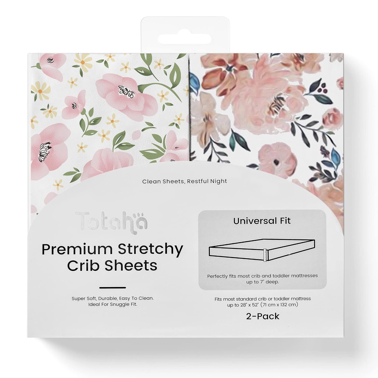 TotAha Premium Stretchy Crib Sheets (2-Pack)-Hypoallergenic, Silky Comfort, Buttery Soft, Calming Effect, All-Season Jersey-Knit Sheets, 9” Extra Deep Pocket(Meredith Allover Floral & Pale Pink)