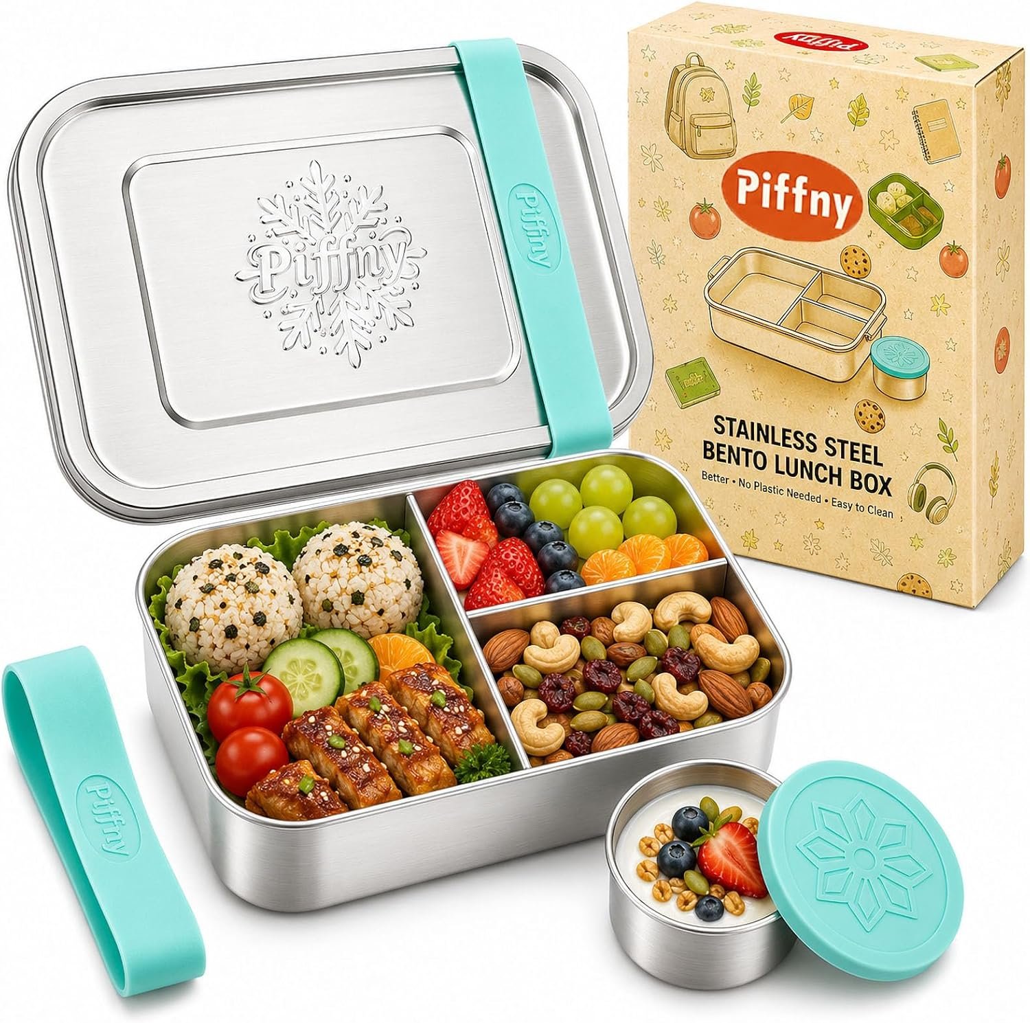 Piffny – Bento Box – Sage, 27oz / 0.8 L – Stainless Steel Lunch Box with Leakproof Condiment Container – 3 Compartment Snack Organizer for On the Go Meals – Freezer & Dishwasher Safe
