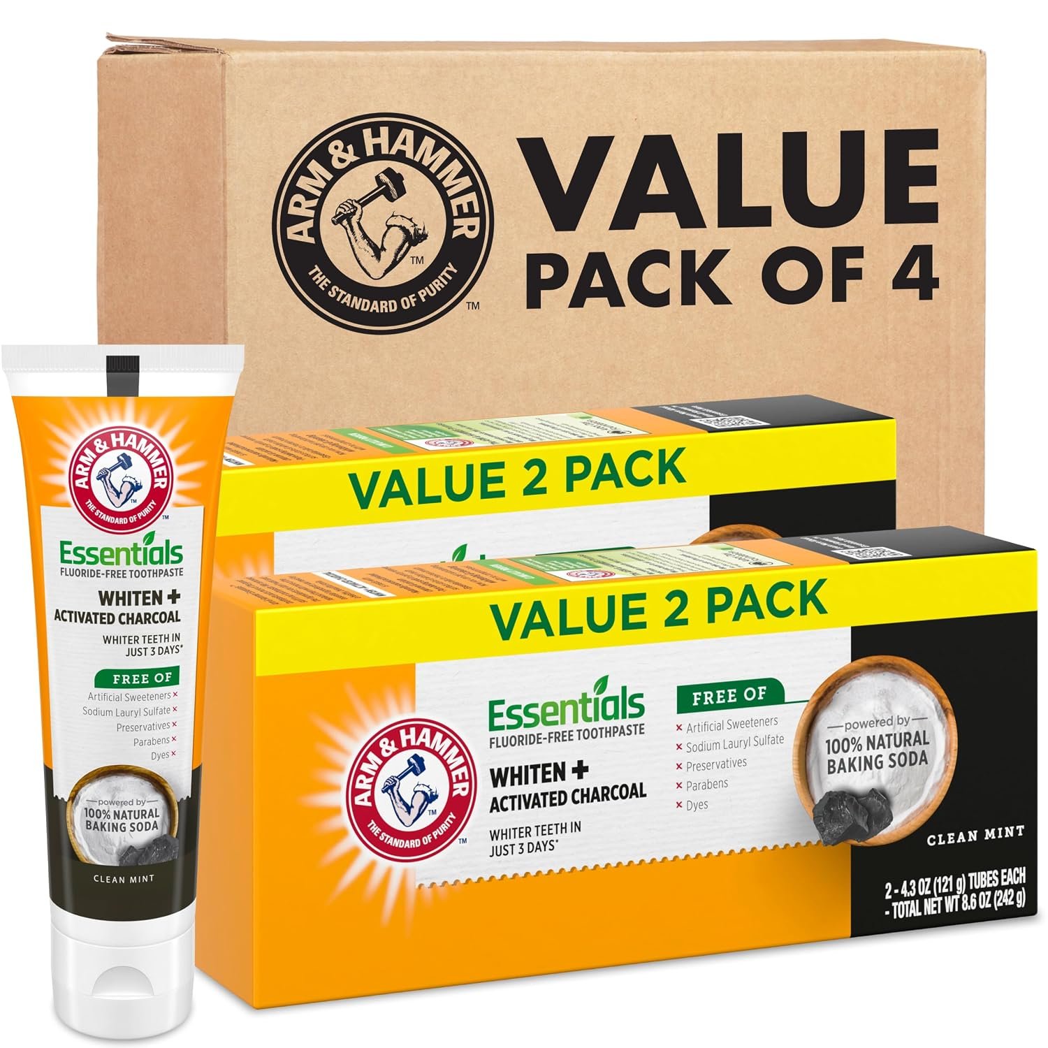 ARM & HAMMER Essentials Fluoride-Free Toothpaste, Clean Mint, 4.3oz, 4-Pack