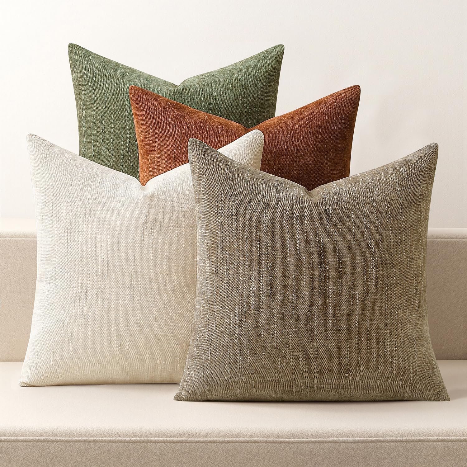 MIULEE Pack of 4 Fall Decorative Throw Pillow Covers 18×18 Inch Chenille Textured Throw Pillows Boho Farmhouse Cushion Covers Vintage Home Decor for Couch Sofa Bed Living Room，Taupe Brown Green