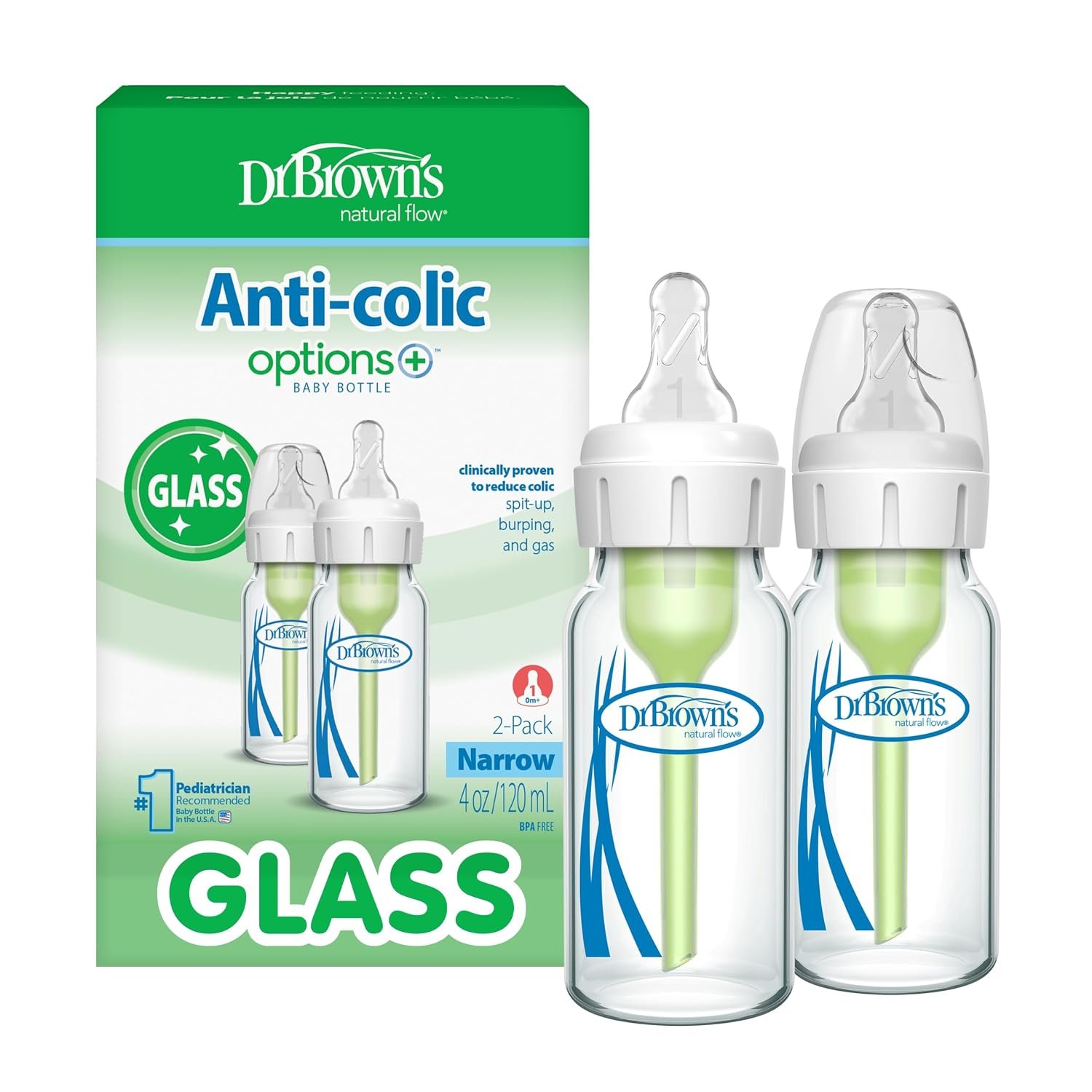 Dr. Brown’s Anti-Colic Options+ Narrow Glass Baby Bottle, 4 oz, 2-Pack