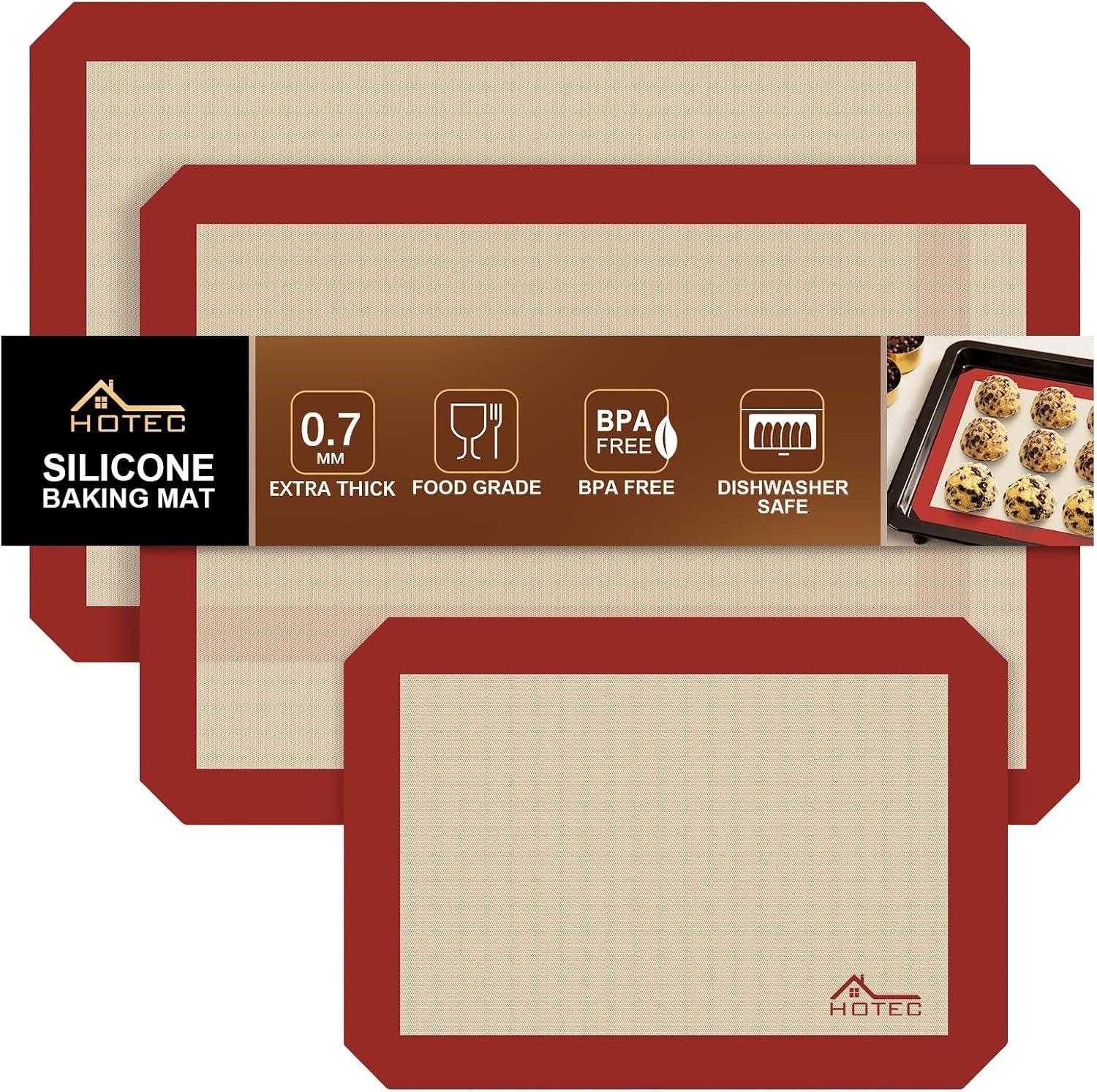 HOTEC Silicone Baking Mats 3 Pack – Thickened Non-Stick Reusable Silicone Baking Sheets for Oven – Cookie & Macaron Mats – 2 Half Sheet + 1 Quarter Sheet – BPA-Free, Dishwasher Safe