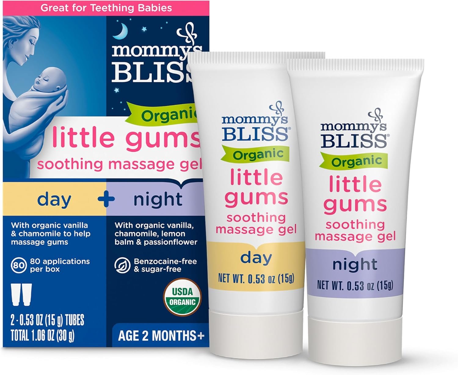 Mommy’s Bliss Organic Little Gums Soothing Massage Gel Day and Night Combo, Great for Teething Babies, Age 2 Months+, Sugar Free, Mild & Sweet Flavor, 2 – 0.53 Oz Tubes (Pack of 1)