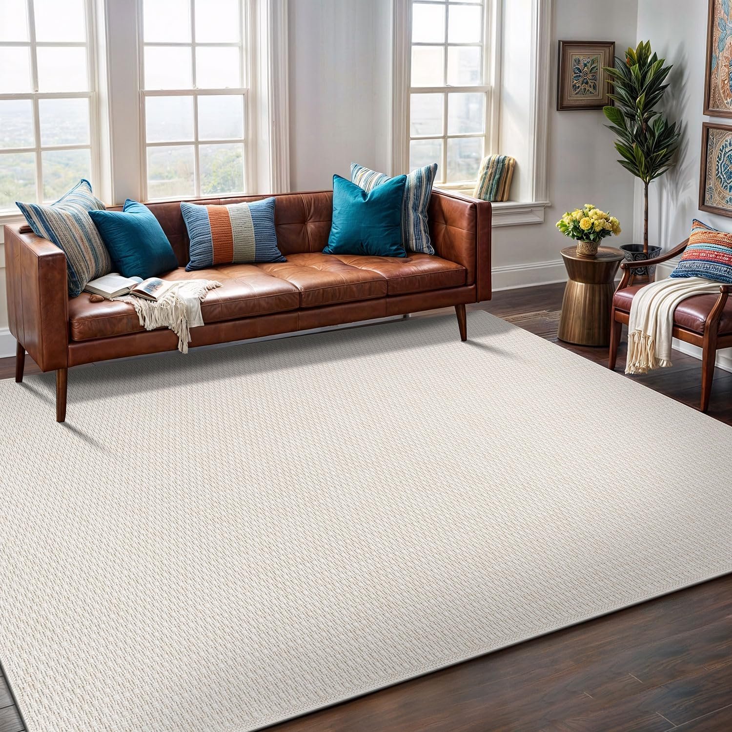 Easy Jute Rug 8×10 Indoor Outdoor Rug Natural Rugs Solid Fiber Rug Woven Area Rug Boho Easy Clean Inside Carpet for Living Room Bedroom Dining Room Hallway or Outdoor Patio Porch (8 X 10 Bone)