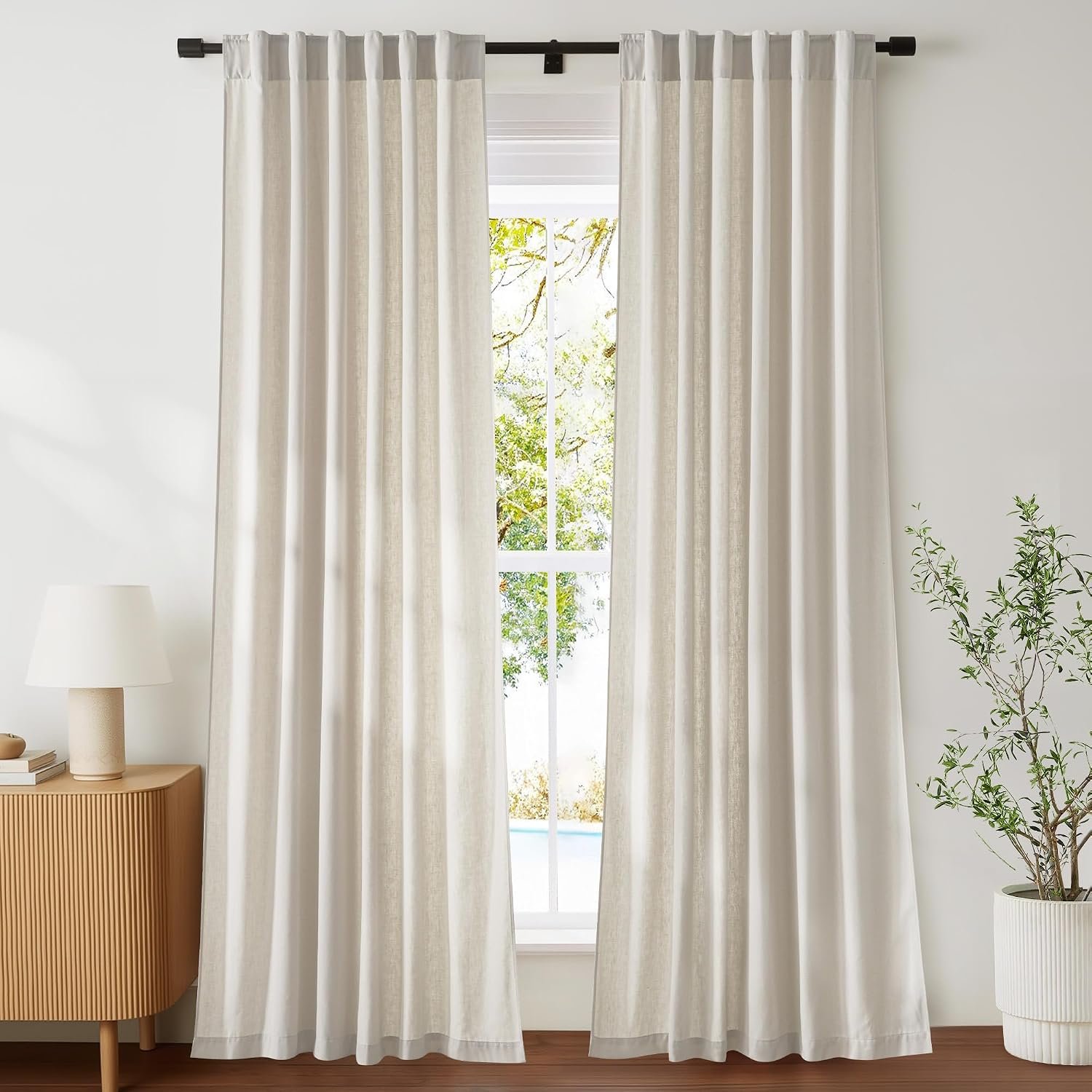 NICETOWN Beige Cotton Linen Curtains 84 inch Long 2 Panels Set, 55″ Wide Flax Belgian Linen Blend Organic Privacy Window Drapes Rod Pocket & Back Tab with Light Filtering for Bedroom/Living Room