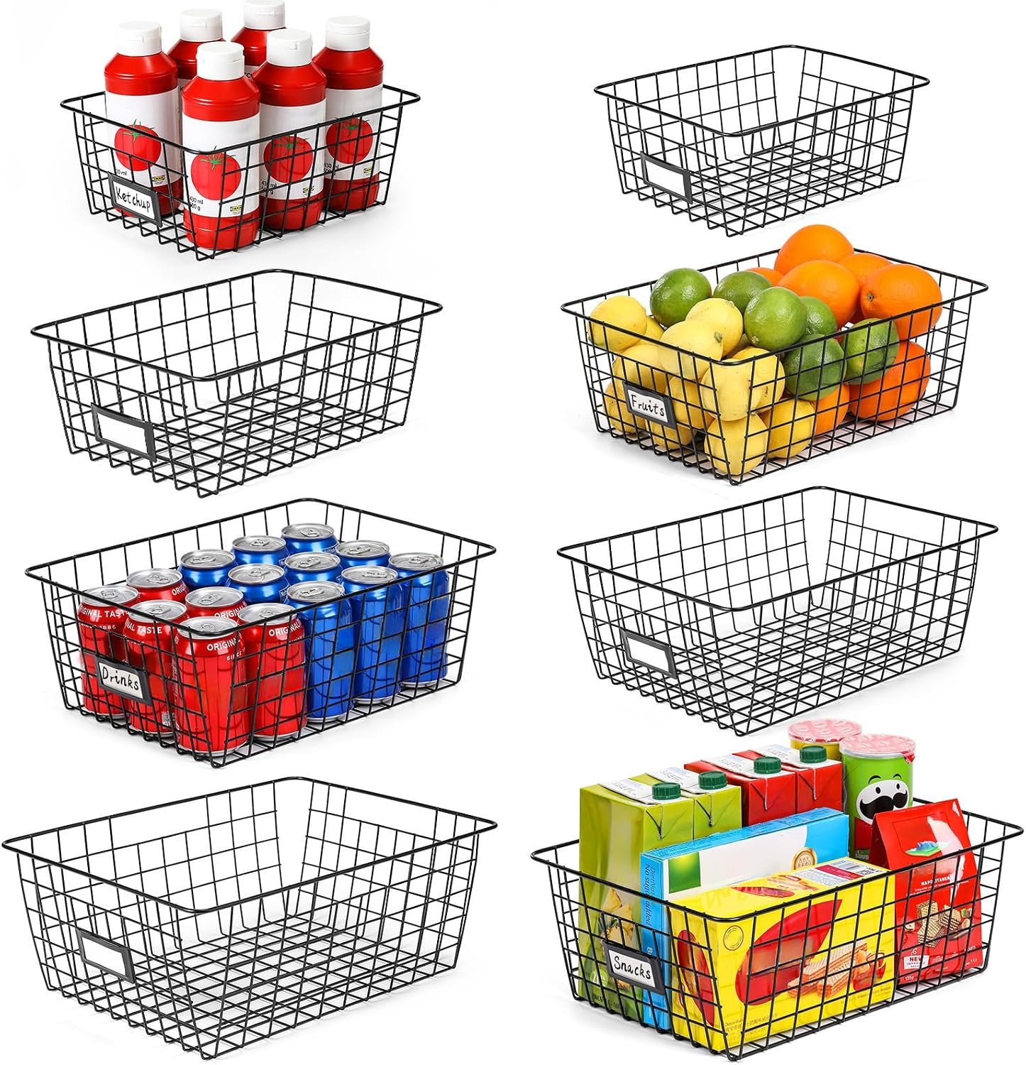8 Set, Extra Large Wire Baskets for Organizing with Lables, Cabinet Pantry Organization and Storage Bins – Metal Basket for Kitchen, Laundry, Garage, Fridge, Bathroom Countertop Organizer, Black