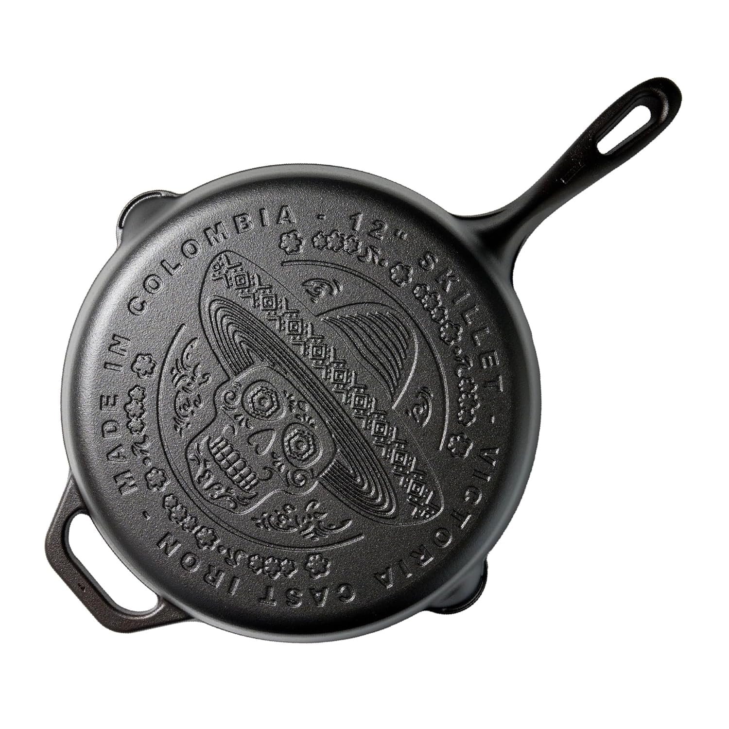 Victoria 12-Inch Day of the Dead La Calaca Cast Iron Skillet, Dia de los Muertos Seasoned Cast Iron Frying Pan with Long Handle, Made in Colombia