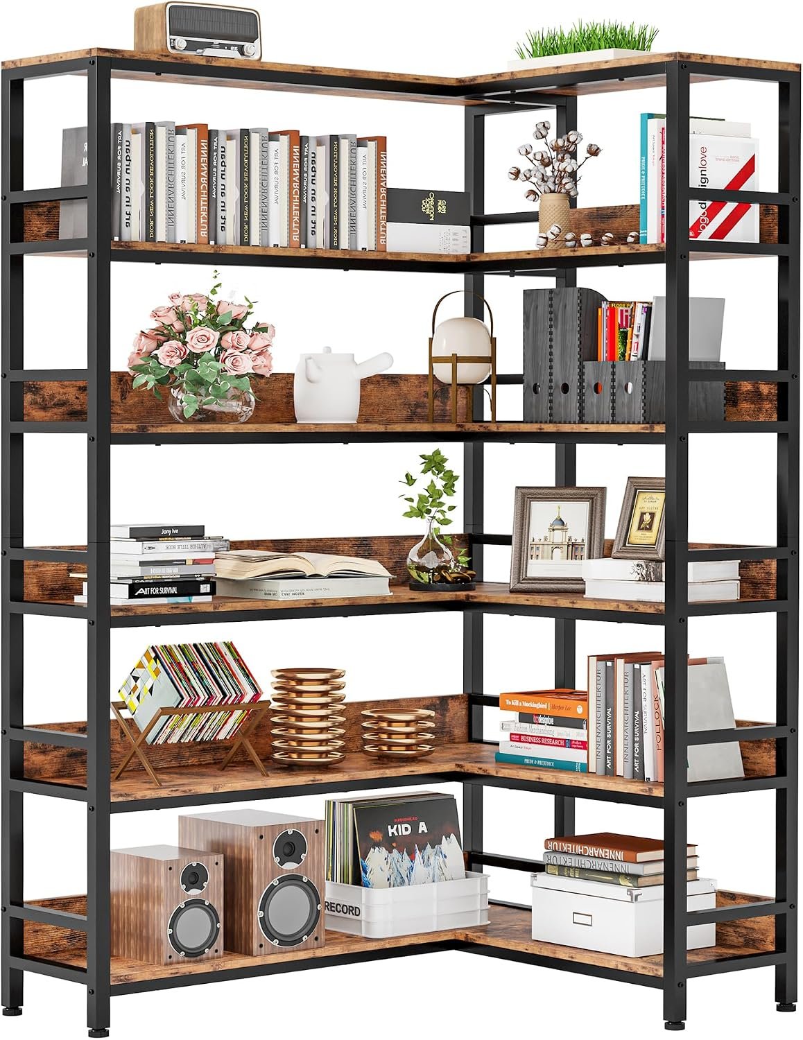 IRONCK Corner Bookshelf 6 Tiers, Industrial Corner Bookcase with Baffles Etagere, L Shaped Bookshelves with Metal Frame, Corner Shelf Storage Rack for Living Room Home Office