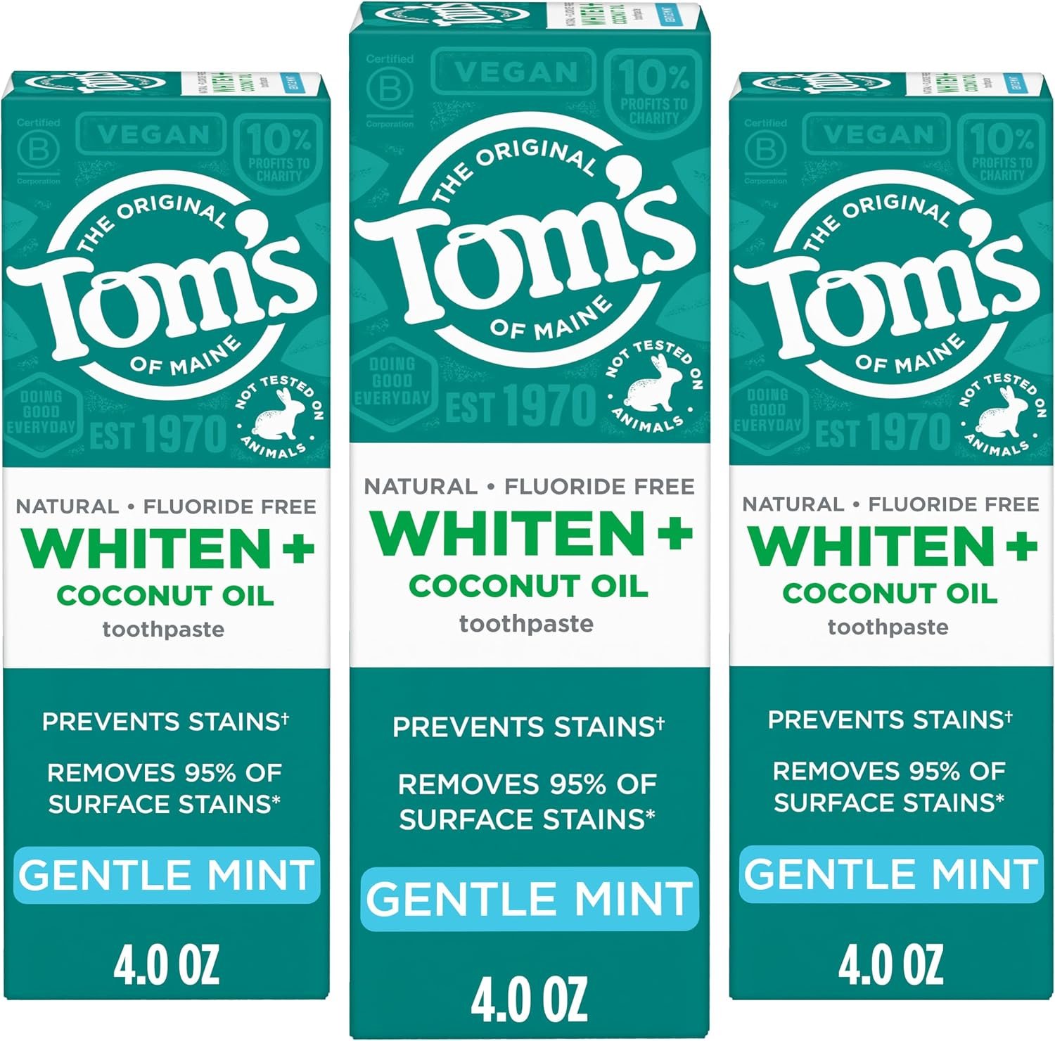 Tom’s of Maine Whiten and Coconut Oil Toothpaste, Gentle Mint, 3 Pack, 4 oz