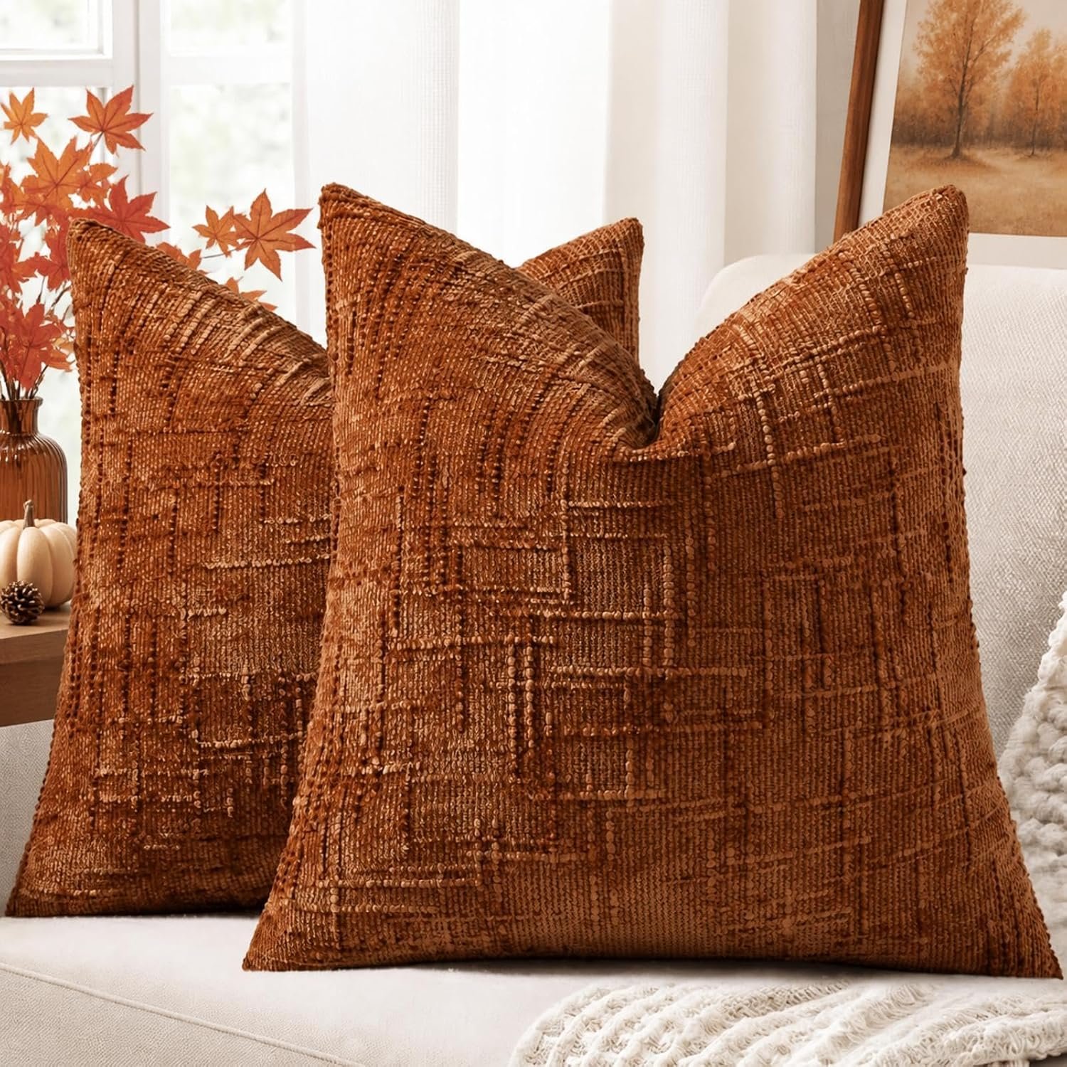decorUhome Textured Chenille Throw Pillow Covers 18×18 Set of 2 Rust