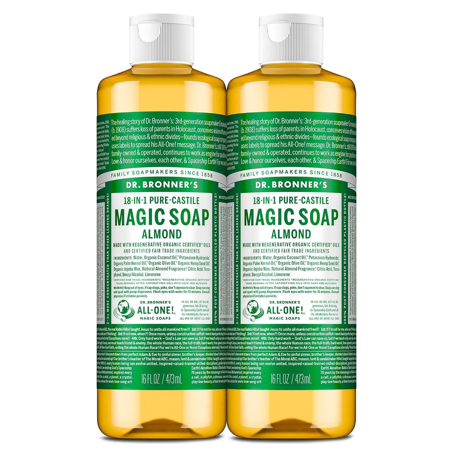 Dr. Bronner’s Almond Pure-Castile Liquid Soap, Body Wash, 16 oz, 2-Pack