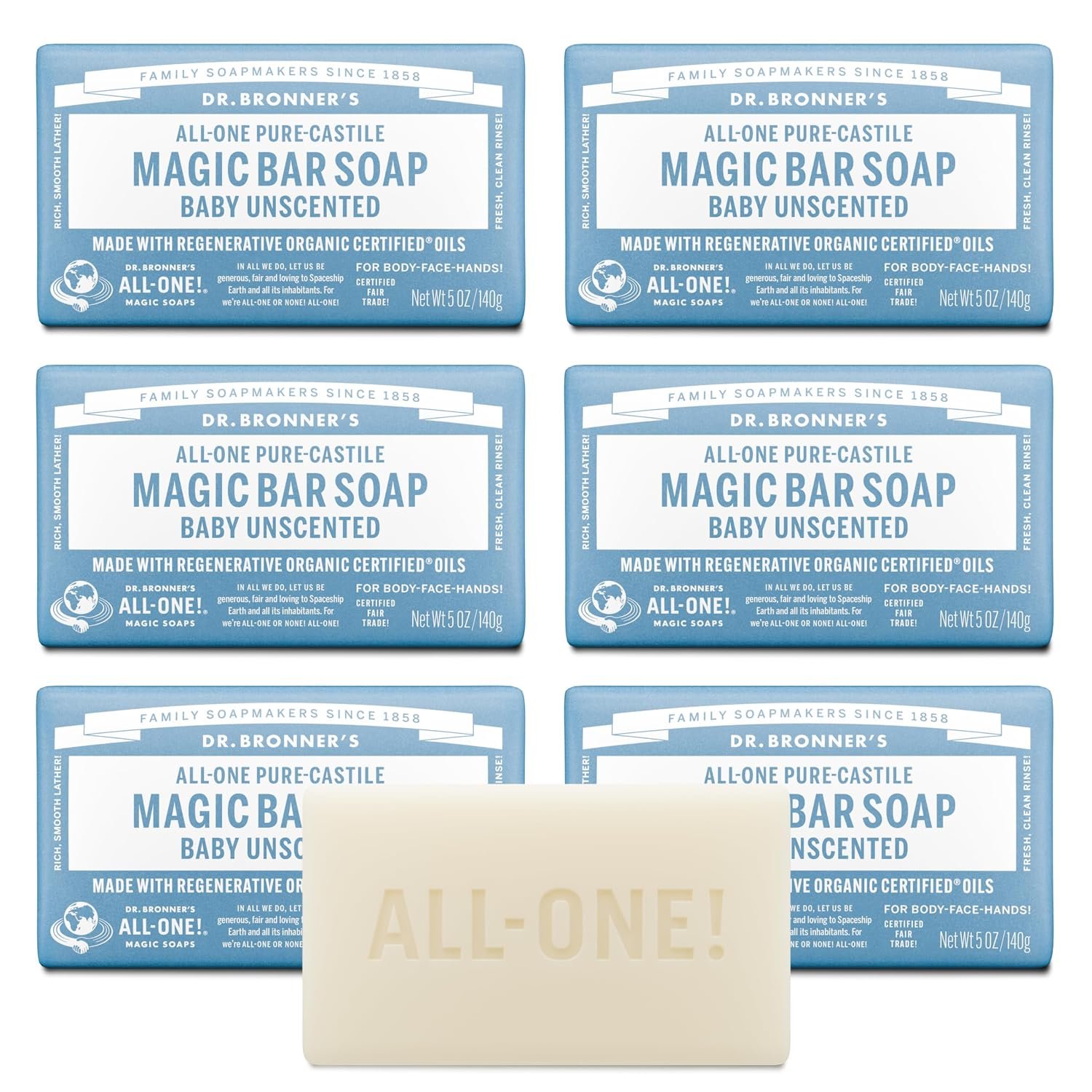 Dr. Bronner’s Pure-Castile Bar Soap, Baby Unscented, 5 oz, 6-Pack