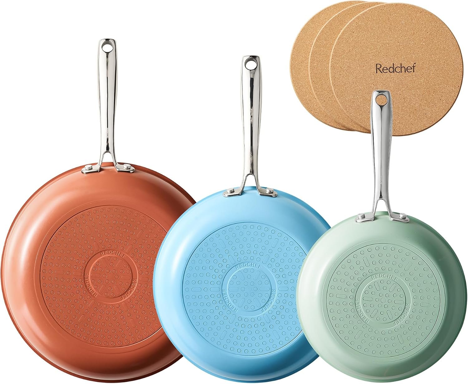 Redchef Colorful Ceramic Nonstick Frying Pan Set, Ceramic Pan Skillet, Non Toxic Pans for Cooking, Induction Compatible with Stainless Steel Handles & 3 Cork Pads, PFAS & PTFE & PFOA Free（8+9.5+11″）