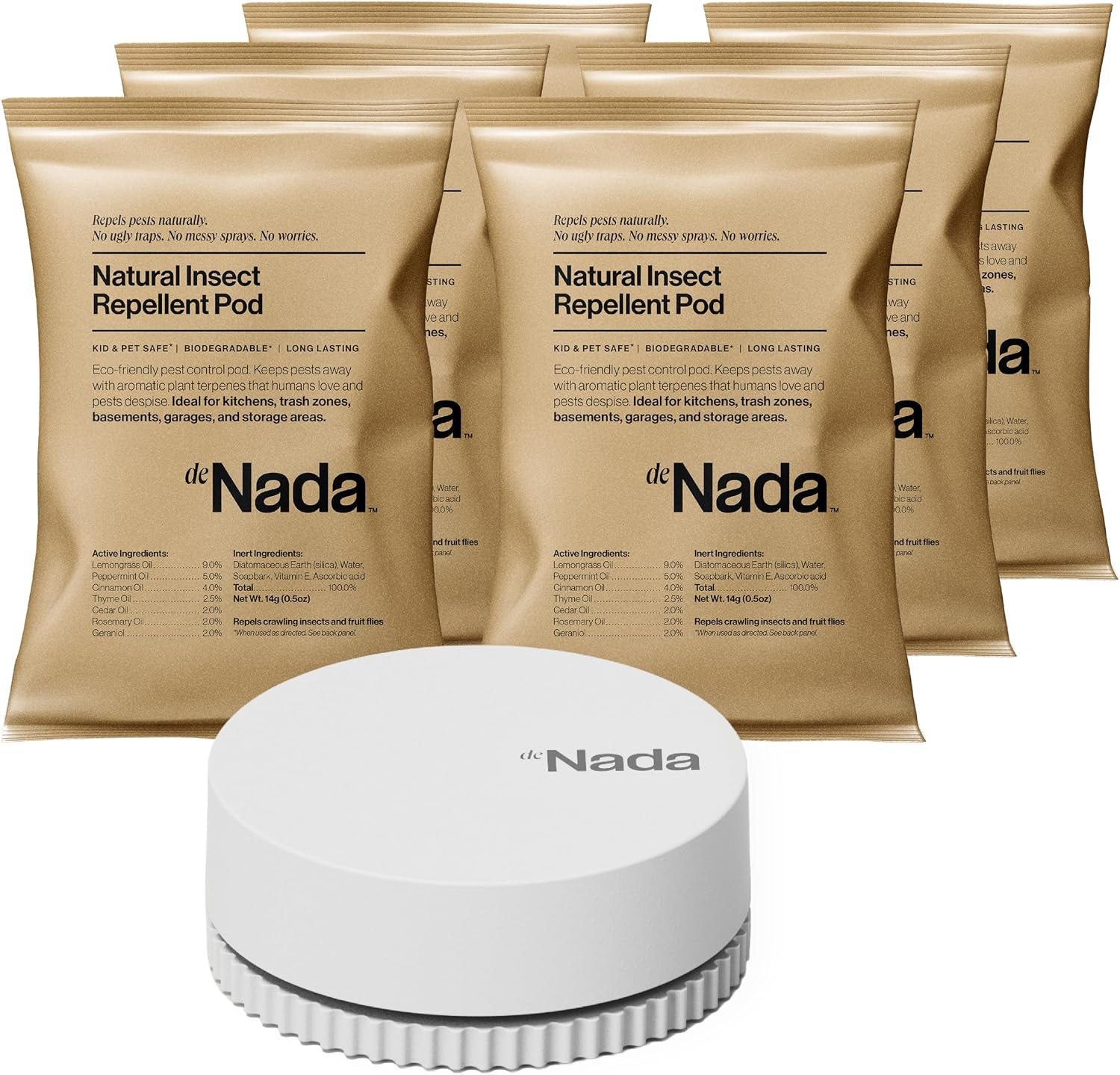 deNada Insect Pod, Plant-Based Insect Repellent, Natural Essential Oil Pest Control Pods, Repellent for Ants, Roaches, Spiders, 6 Pack