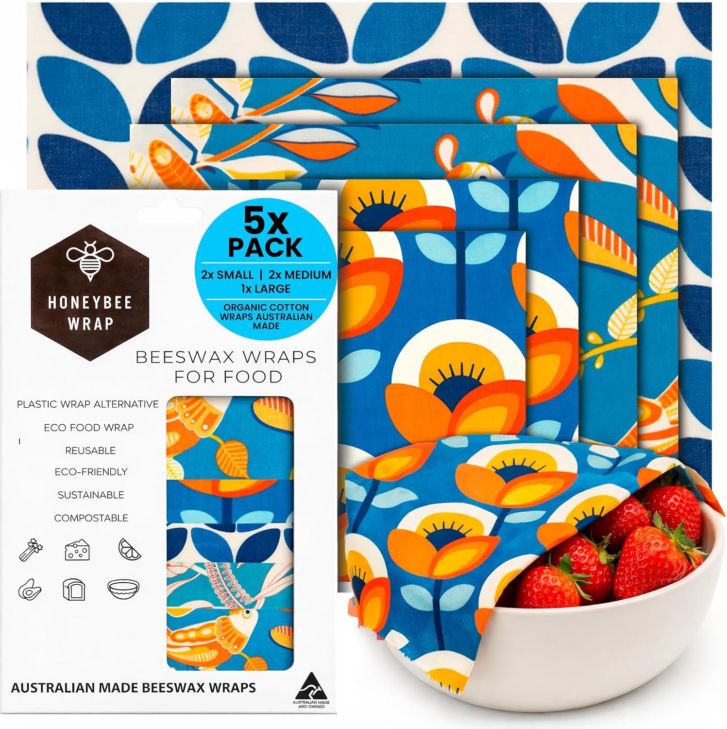 Honeybee Reusable Beeswax Wraps for Food | 5 Pack | Handmade in Australia | Eco Friendly, Organic, Biodegradable, Bee’s Wrap for Bowl Covers and Food Storage | Reusable Cling Wrap