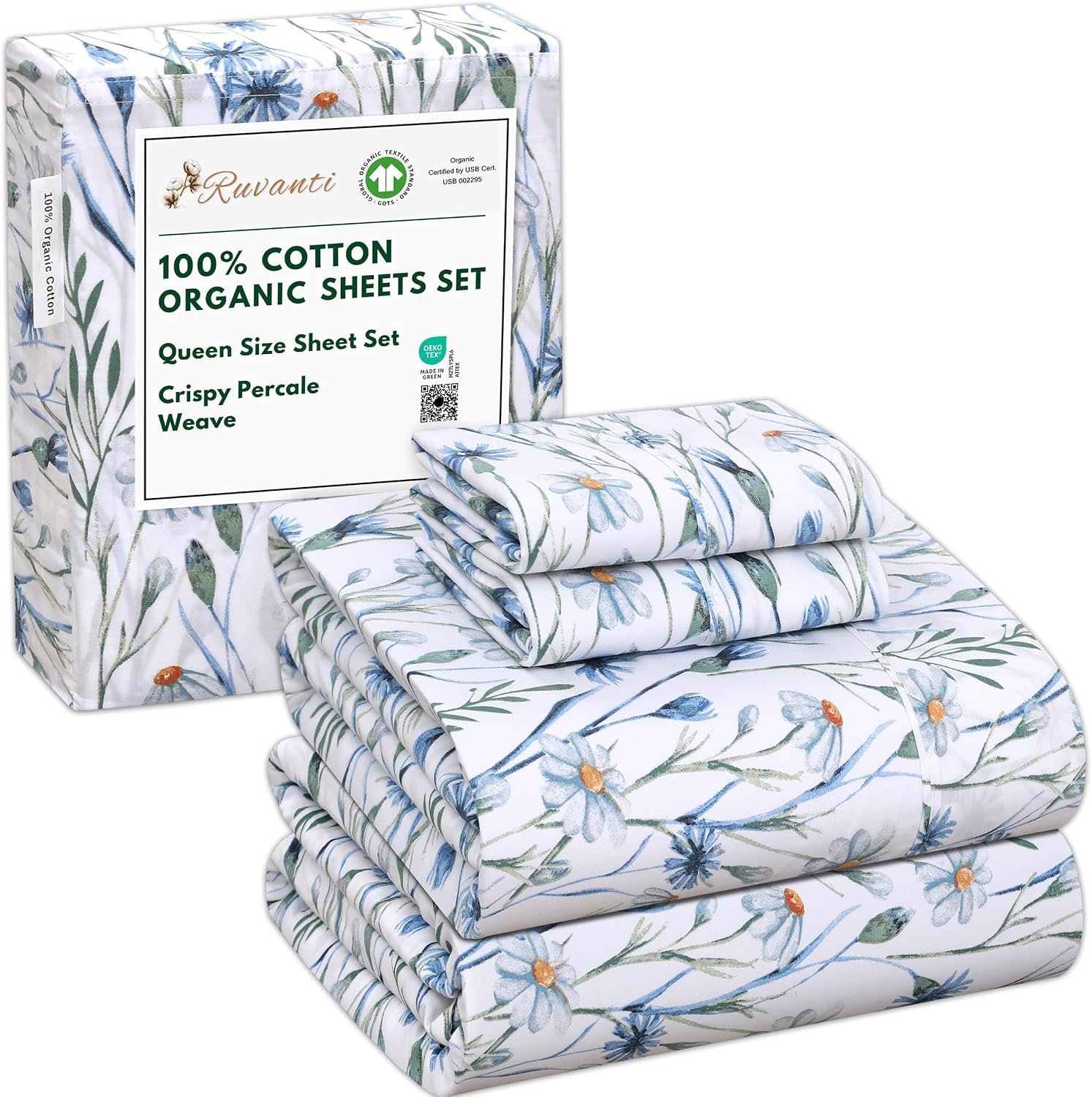 RUVANTI 100% Cotton Organic Percale Sheets, Queen Size, Daisy Bud