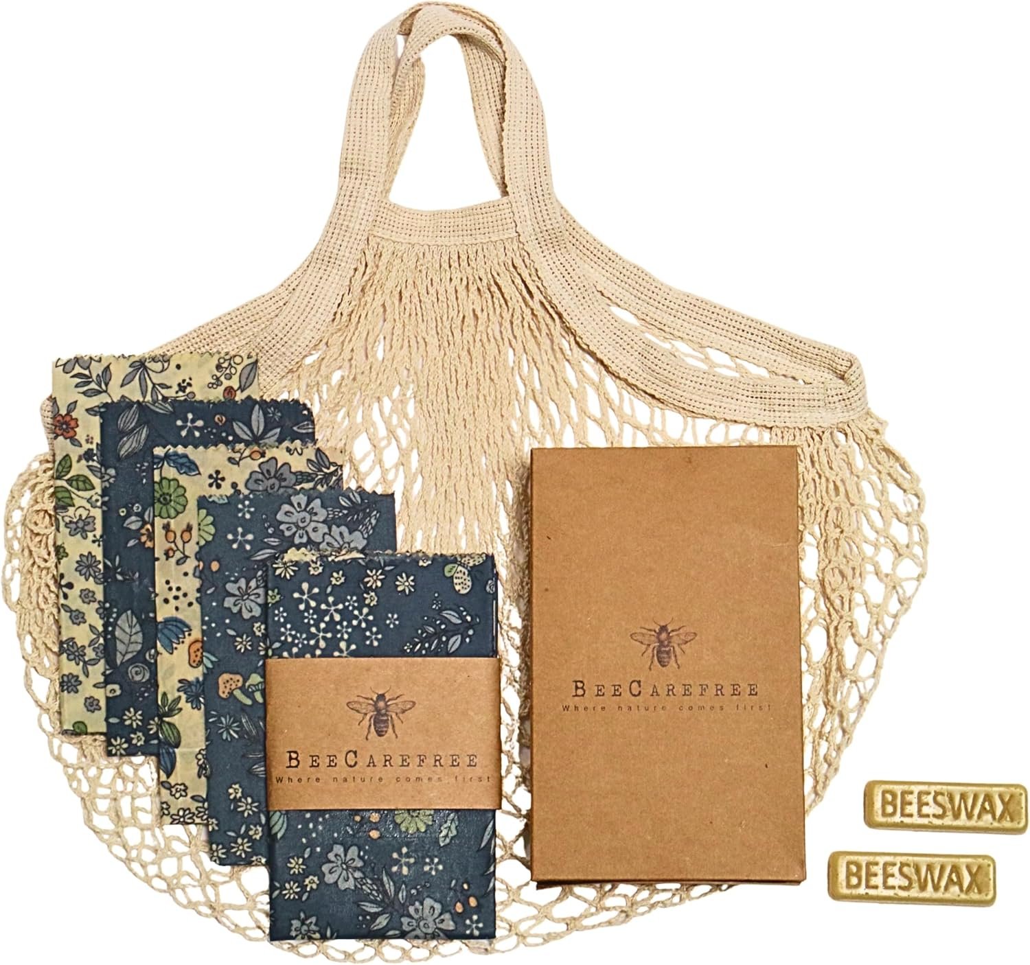 4-Pack Reusable Beeswax Wraps with Produce Bag & 2 Beeswax Bars