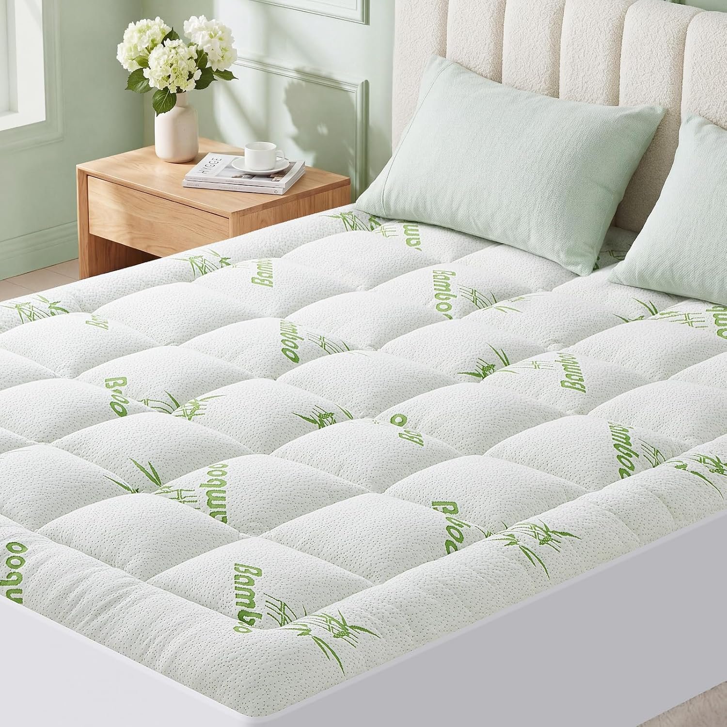 Twin XL Size Bamboo – Viscose Mattress Topper, Extra Thick Quilted Pillow Top, Naturally Cooling & Breathable for Hot Sleepers, Back Pain Relief, Deep Pocket Skirt Fits 6-18″, Green