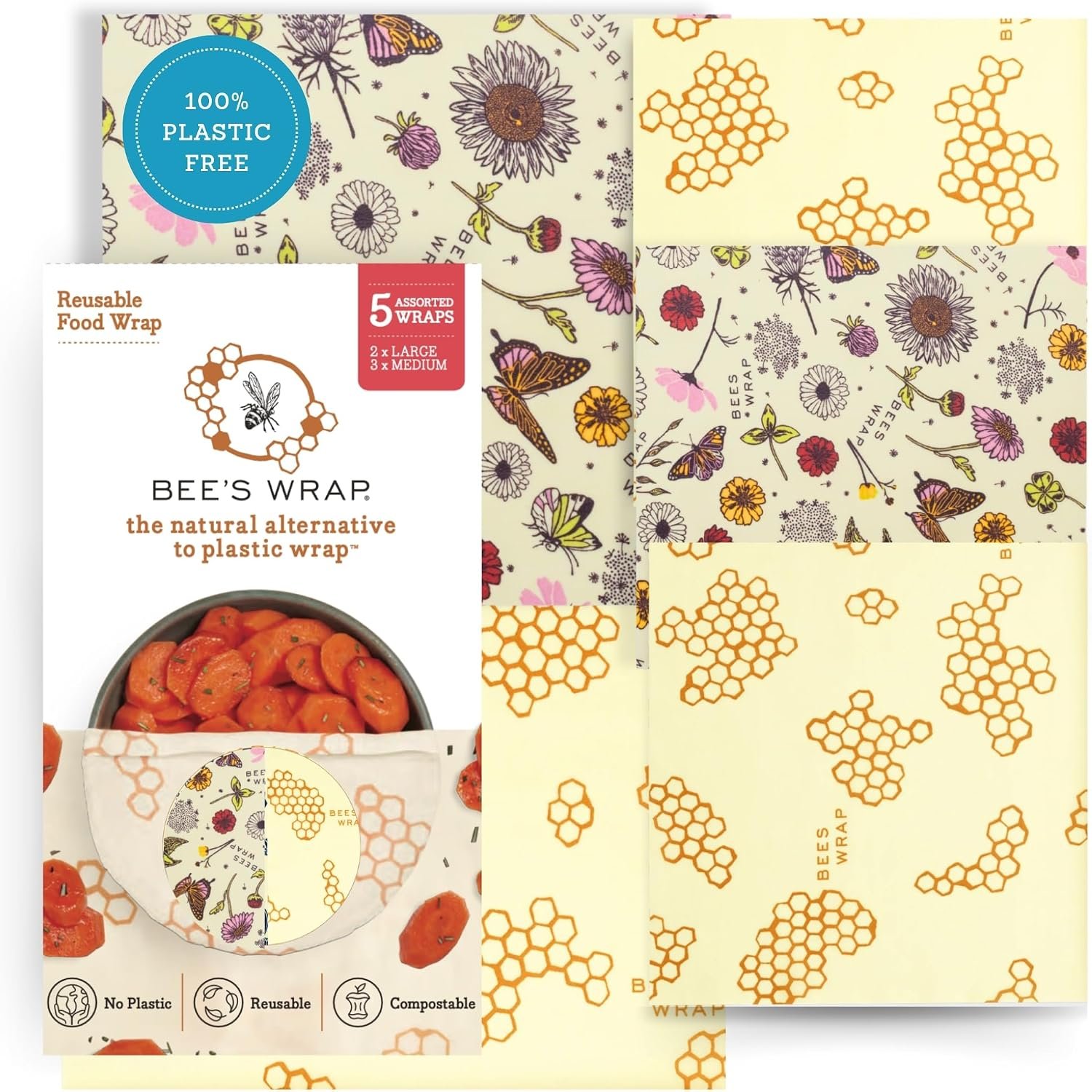 Bee’s Wrap Beeswax Food Wraps, 5 Pack Assorted – Meadow Magic & Honeycomb