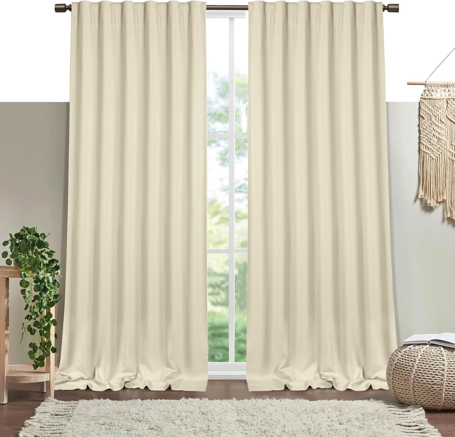 Ivory Solid Panel Curtains, 96 Inches Long, Set of 2, 100% Cotton, Light Filtering for Privacy, Elegant Farmhouse Style, Ideal for Bedroom, Living Room, 54″ W x 96″ L
