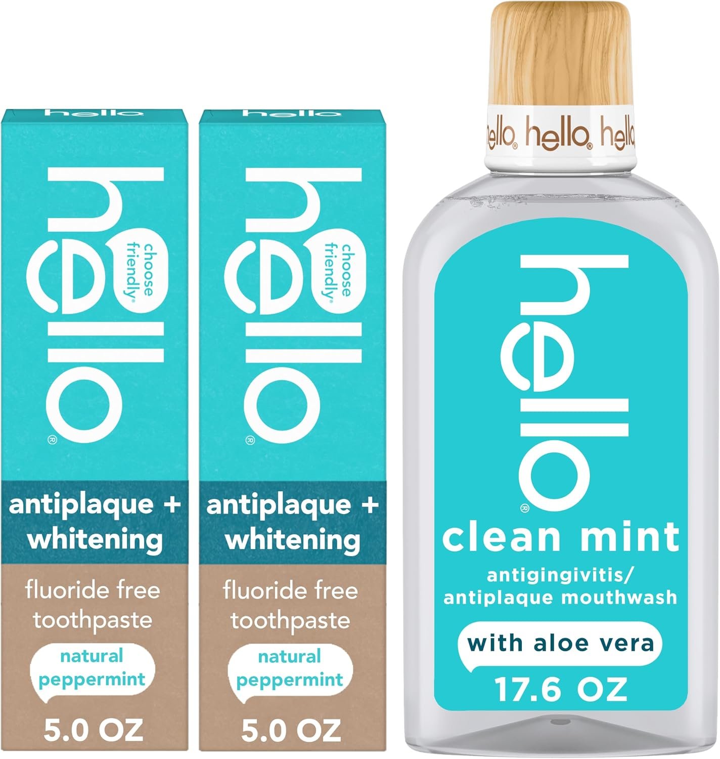 Hello Antiplaque Whitening Fluoride Free Toothpastes and Clean Mint Alcohol Free Mouthwash Bundle Pack, Whitening Toothpaste and Antigingivitis Gum Mouthwash Pack, No Alcohol for Zero Burning