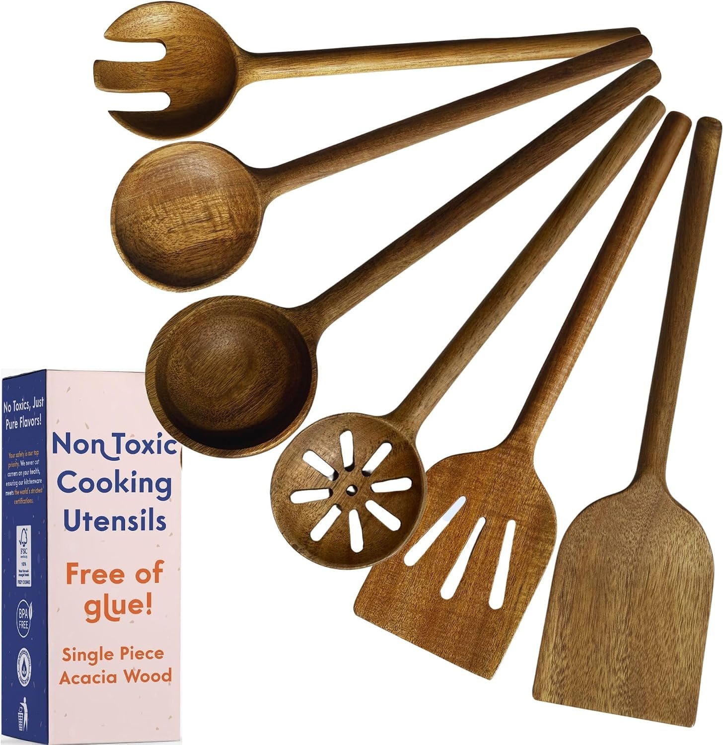 Non-Toxic Acacia Wooden Utensils Set, 6-Piece, Glue and Mineral Oil Free