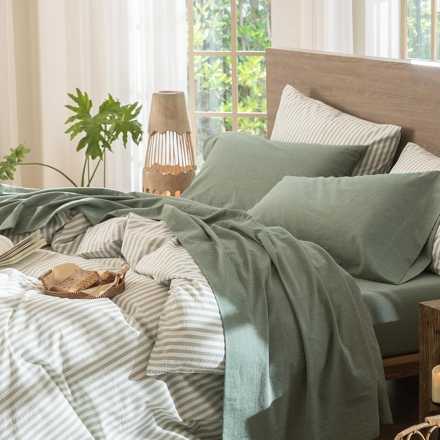 MooMee Sheet Set 100% Washed Cotton Linen-Like Extra Deep Pocket Queen