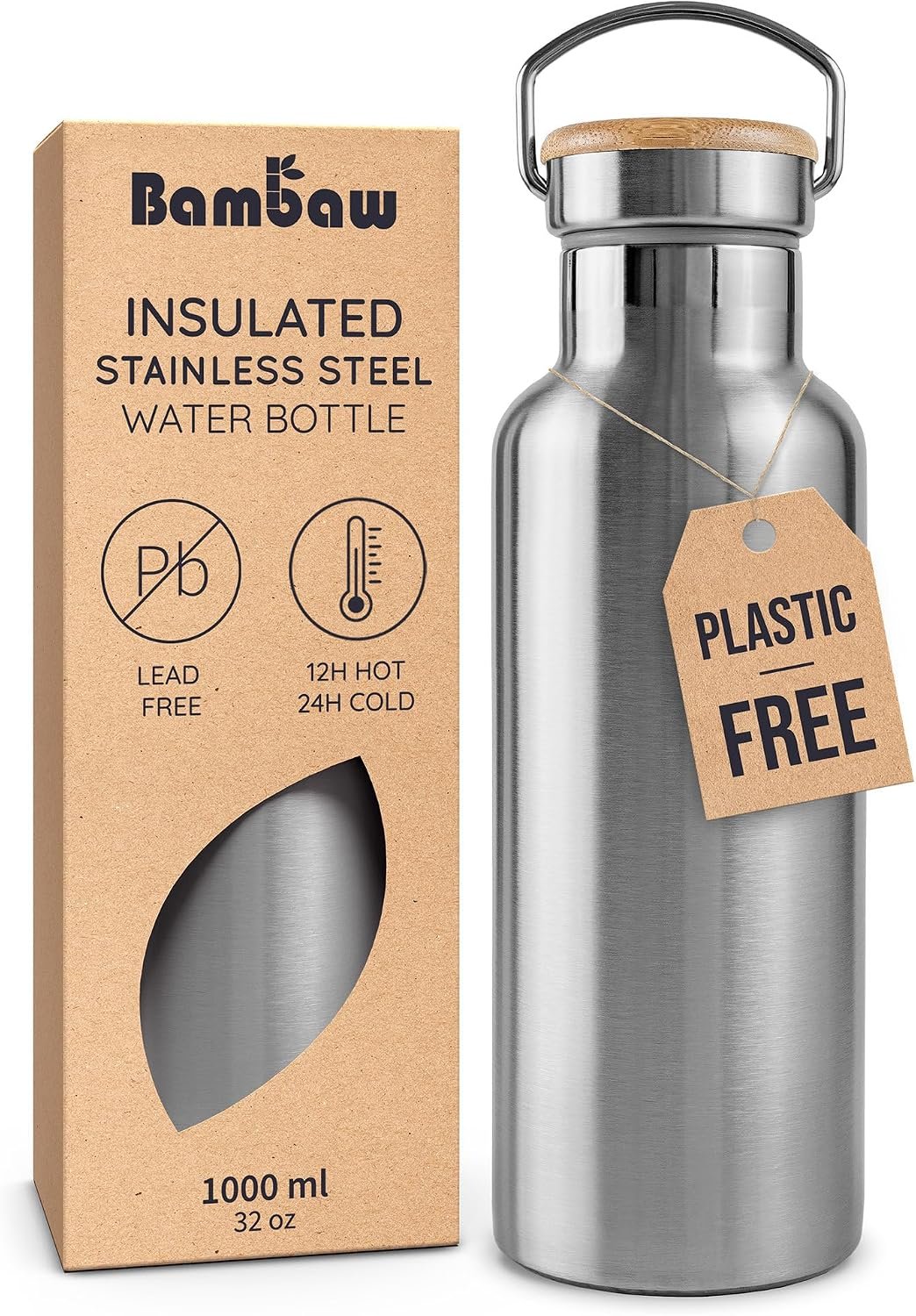 Bambaw Stainless Steel Insulated Water Bottle 32 oz, Stainless Steel Water Bottles 32 oz with Handle & Wide Mouth, Rust-Resistant Metal, Durable & Great for Travel (Natural Steel)