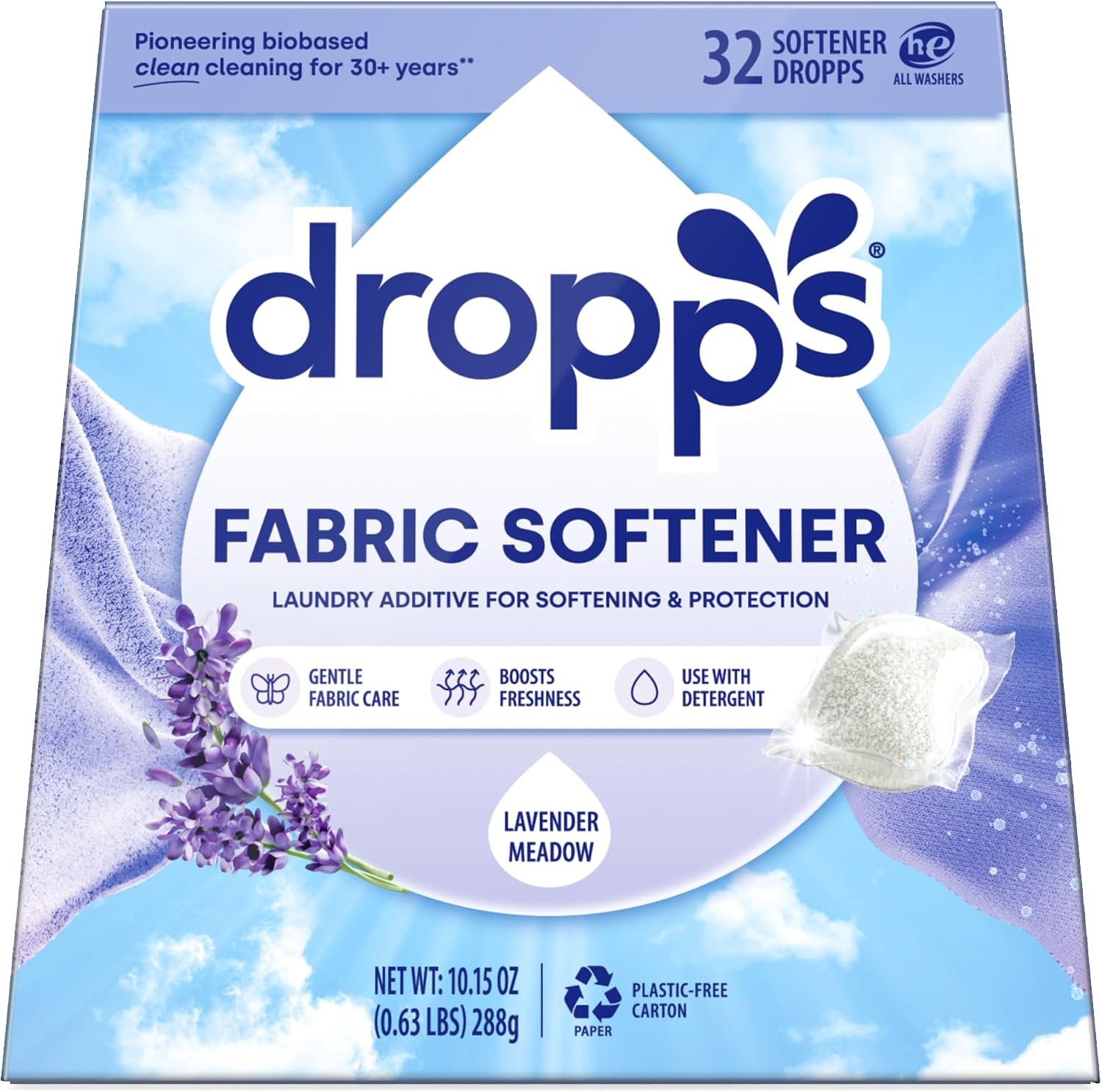 Dropps Fabric Softener Pods, Lavender Meadow (32 Count) – Laundry Softener For Soft & Fluffy Fabrics | Liquid Softener & Dryer Sheet Alternative | Clean Ingredients | Plastic Free Packaging