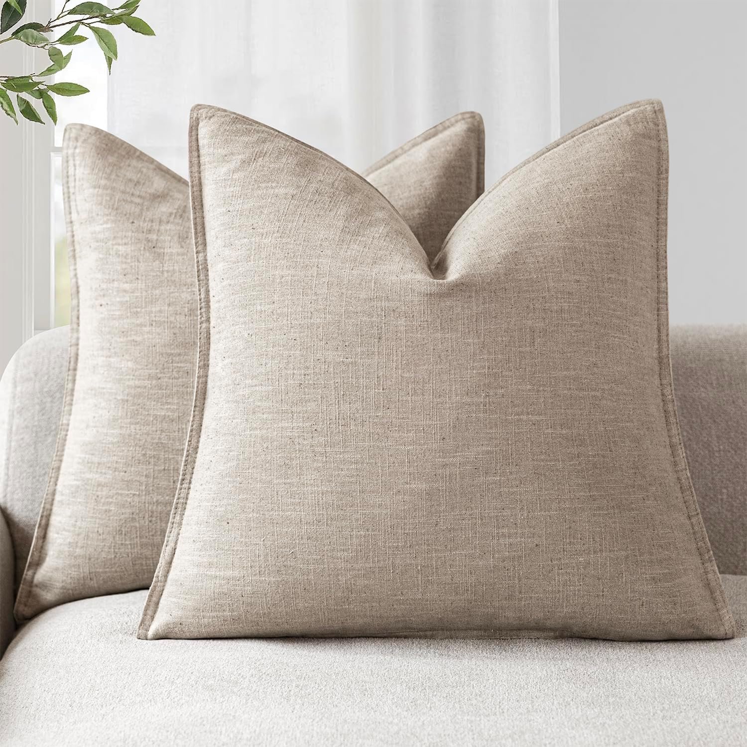 Foindtower Linen Solid Decorative Throw Pillow Covers 20×20 Natural Linen