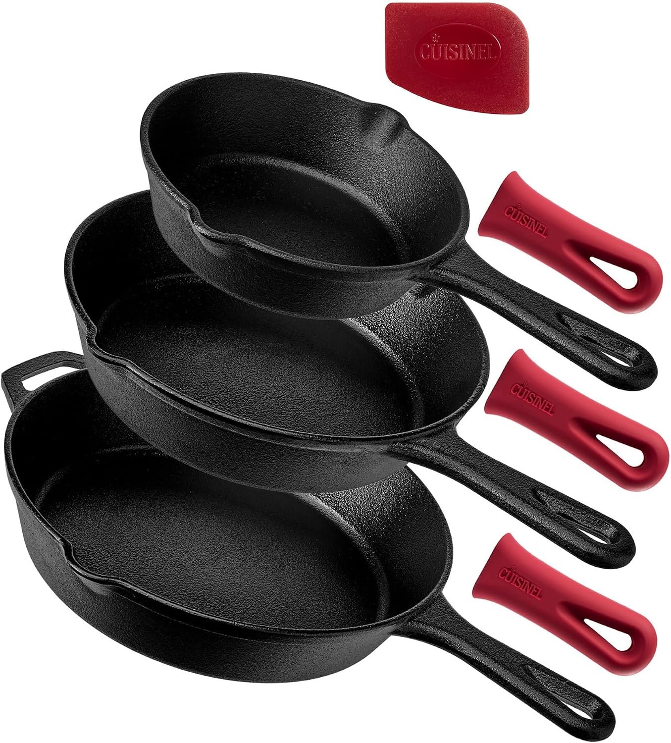 Cuisinel Cast Iron Skillets Set – 3-Piece: 6″ + 8″ + 10″-Inch Chef Frying Pans – Pre-Seasoned Cookware + 3 Silicone Handle Cover Grips – Use Indoor/Outdoor, Grill, Stove, BBQ, Fire, Oven