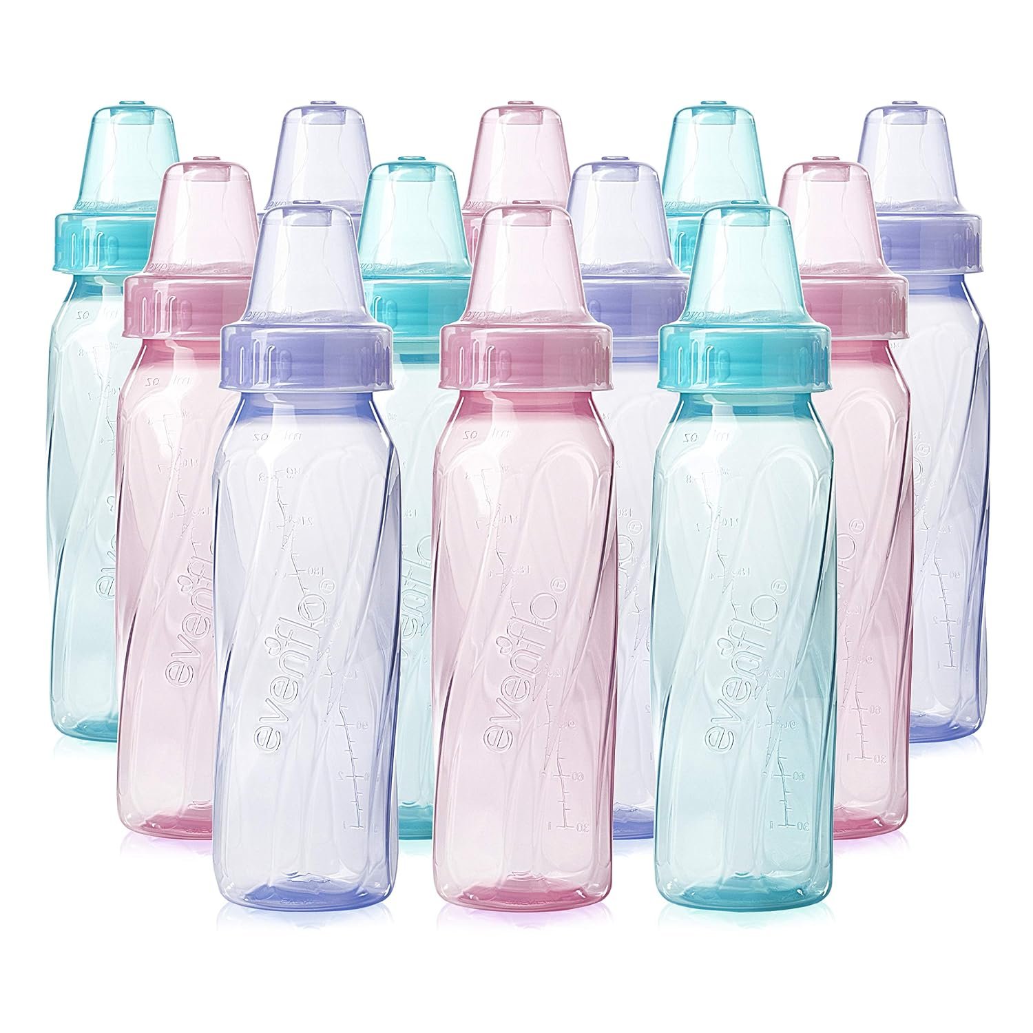 Evenflo Feeding Classic Tinted Plastic Standard Neck Bottles for Baby, Infant and Newborn, Pink/Lavender/Teal, 8 Oz, 12 Bottles