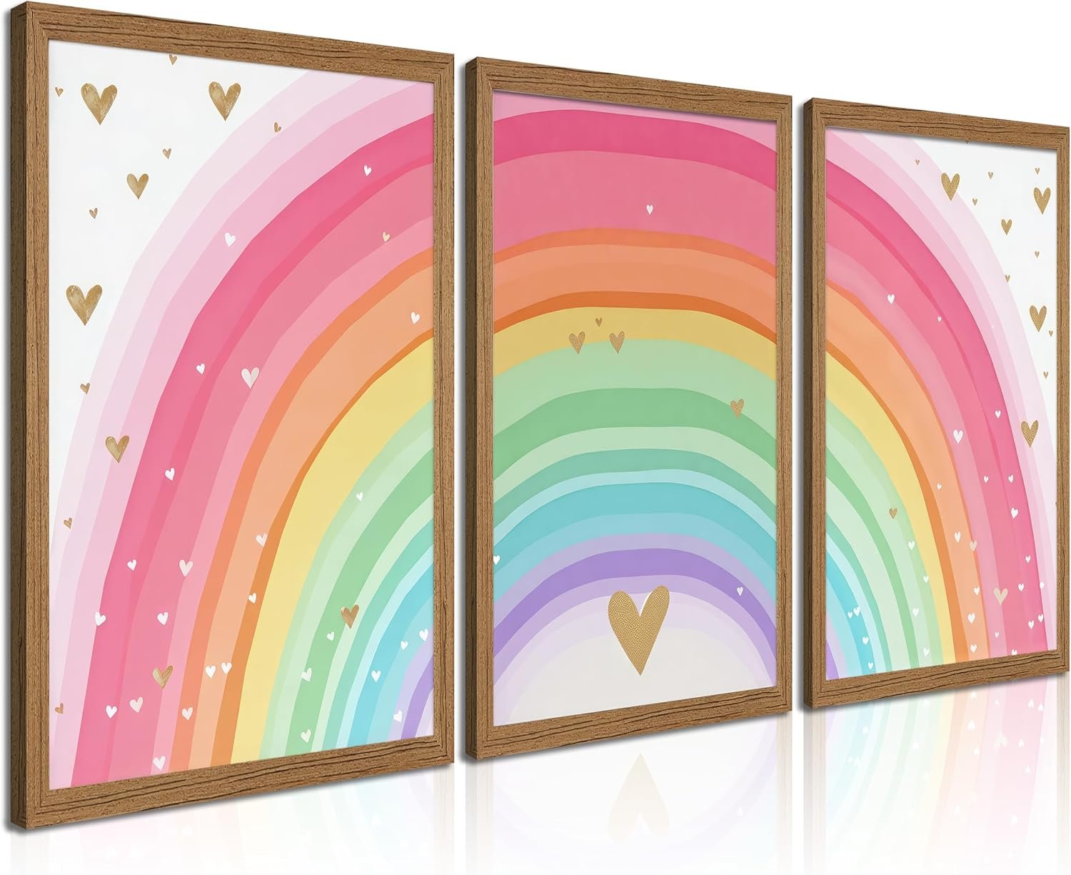 Set of 3 Framed Pastel Rainbow Wall Art, Boho Watercolor Nursery Decor Painting, Pink Nursery Posters Print for Girls Room Kids Bedroom Playroom (Wood Framed, 12×16 Inches)