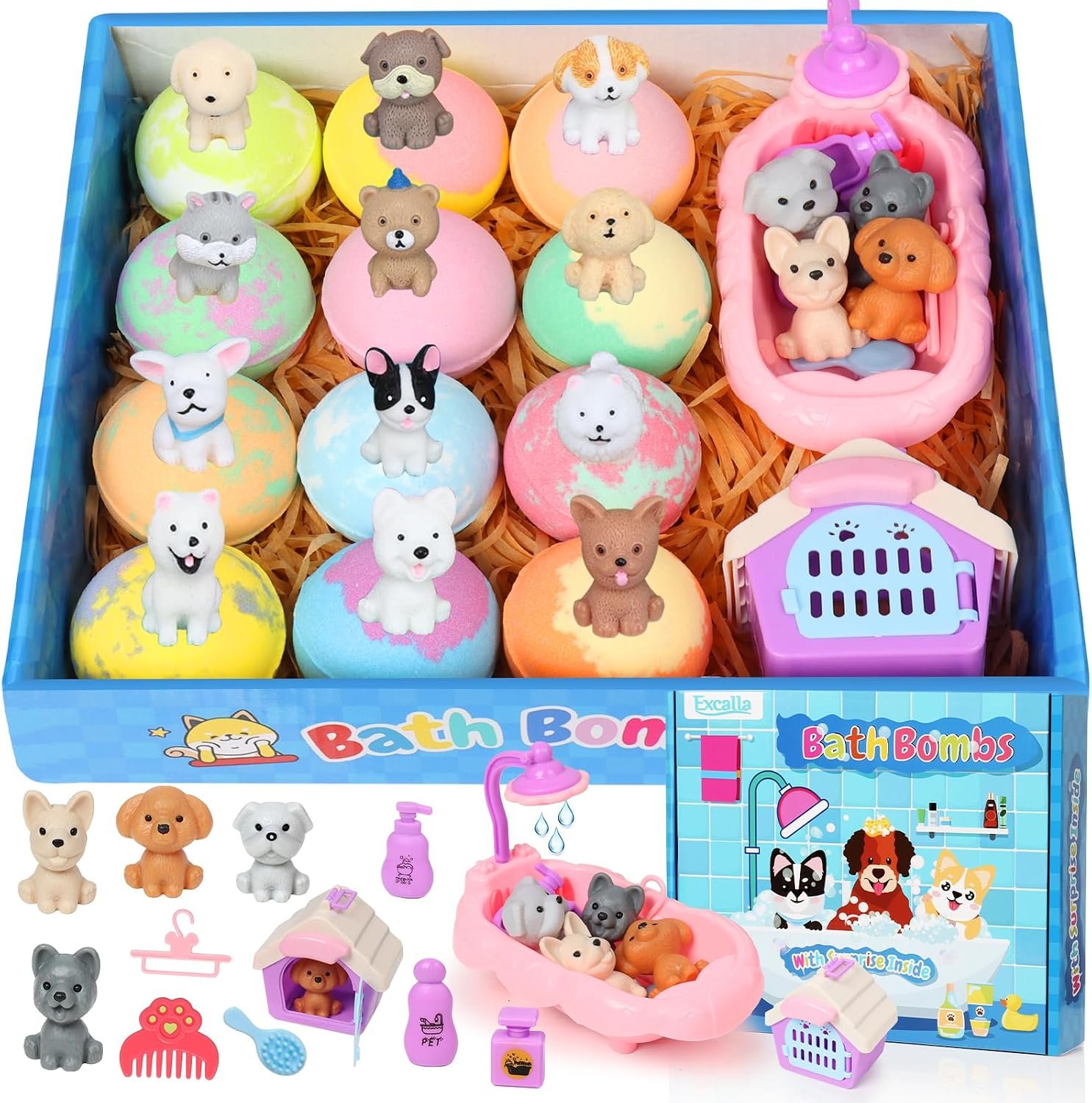 Bath Bombs for Kids with Toys Inside for Girls Boys, 12 Pack Kids Bath Bombs with Surprise Dog Pretend Playset, Handmade Bubble Bath Fizzies Birthday Christmas Gift Set