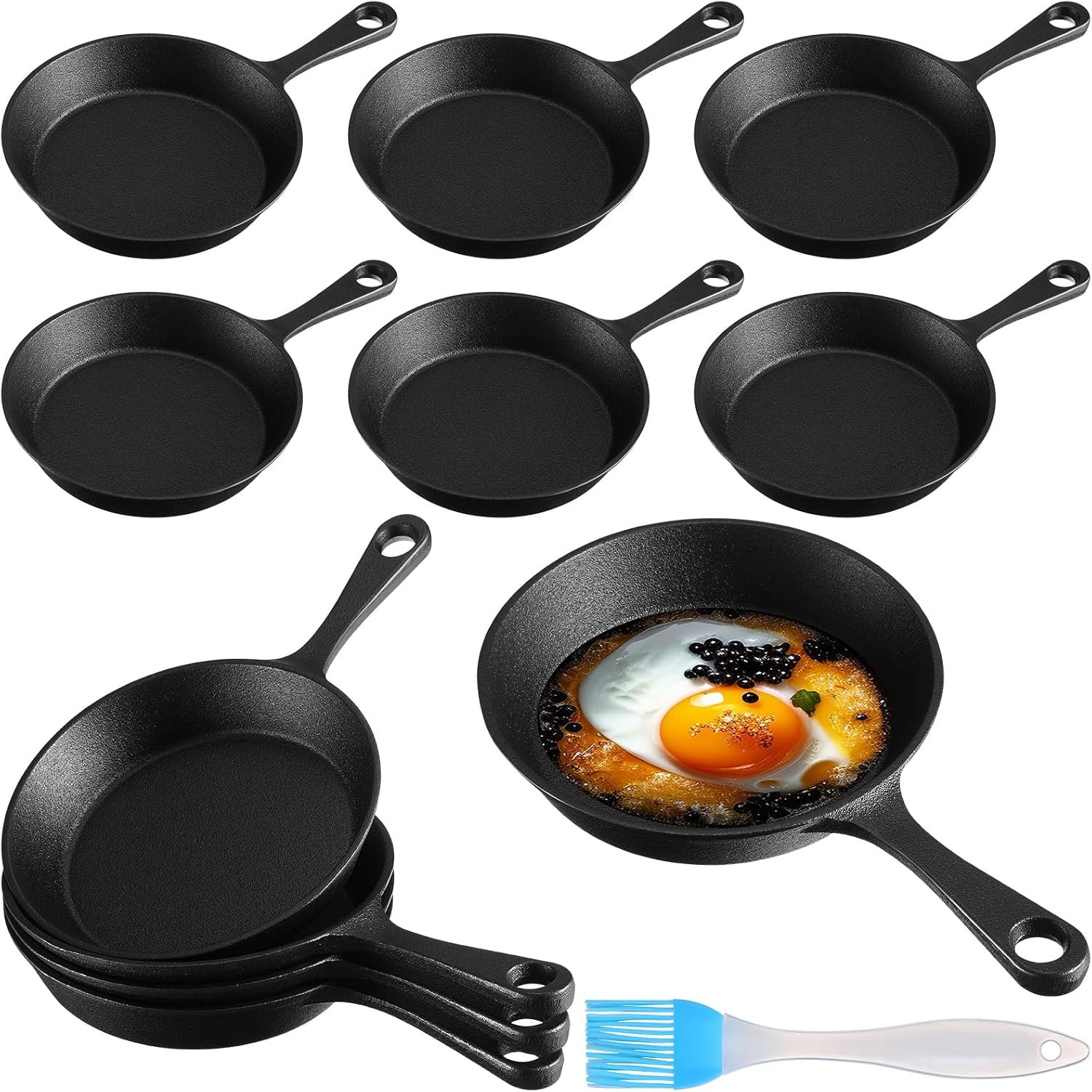Skylety 10 Sets 6. 3 Inches Mini Cast Iron Skillets Small Black Sizzling Plate Cast Iron Skillets Frying Pan Set with Oil Brush for Indoor Outdoor Restaurant Kitchen
