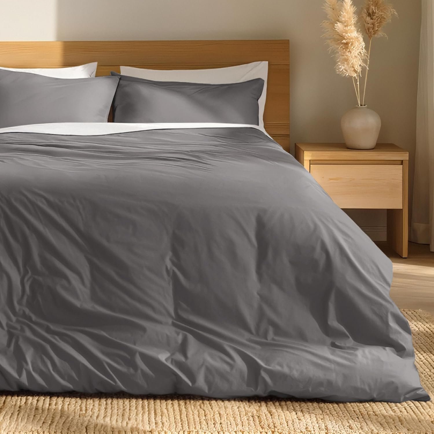 Bare Home 100% Organic Cotton Percale Duvet Cover Set (Queen, Grey)