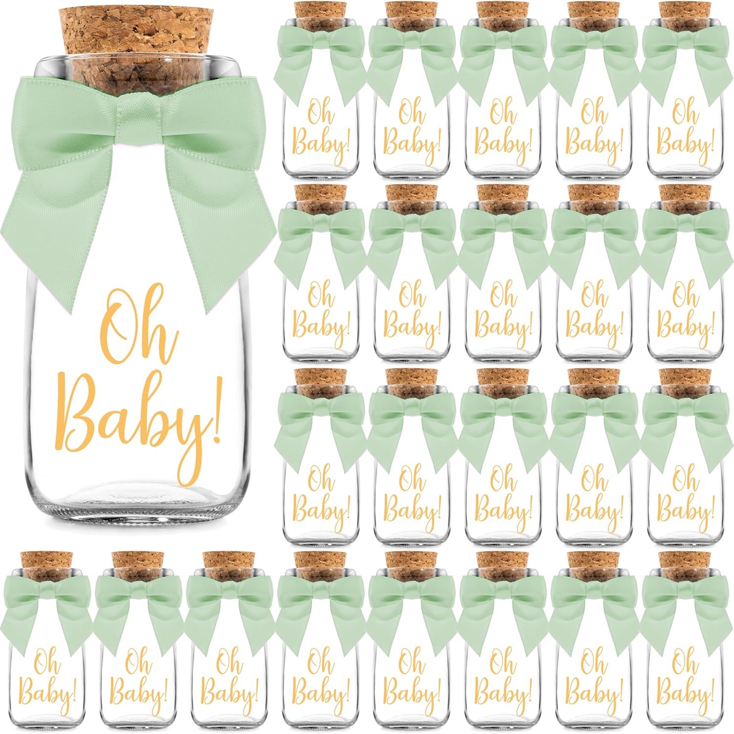 Ethisa Vintage 24 Pack Oh Baby Woodland Milk Glass Bottles with Ribbons and Stickers – Classy Baby Shower Favors for Guests and Table Centerpieces – Gender Neutral Eucalyptus Decoration – Safari Theme