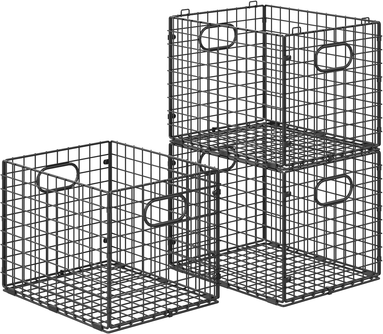 3-Pack Metal Milk Crate for Storage, Large 40qt Stackable Collapsible Storage Bins with Handle, Heavy Duty Storage Baskets for Shelves, Folding Basket Organizer for Car, Garage, Home, Camping, Office